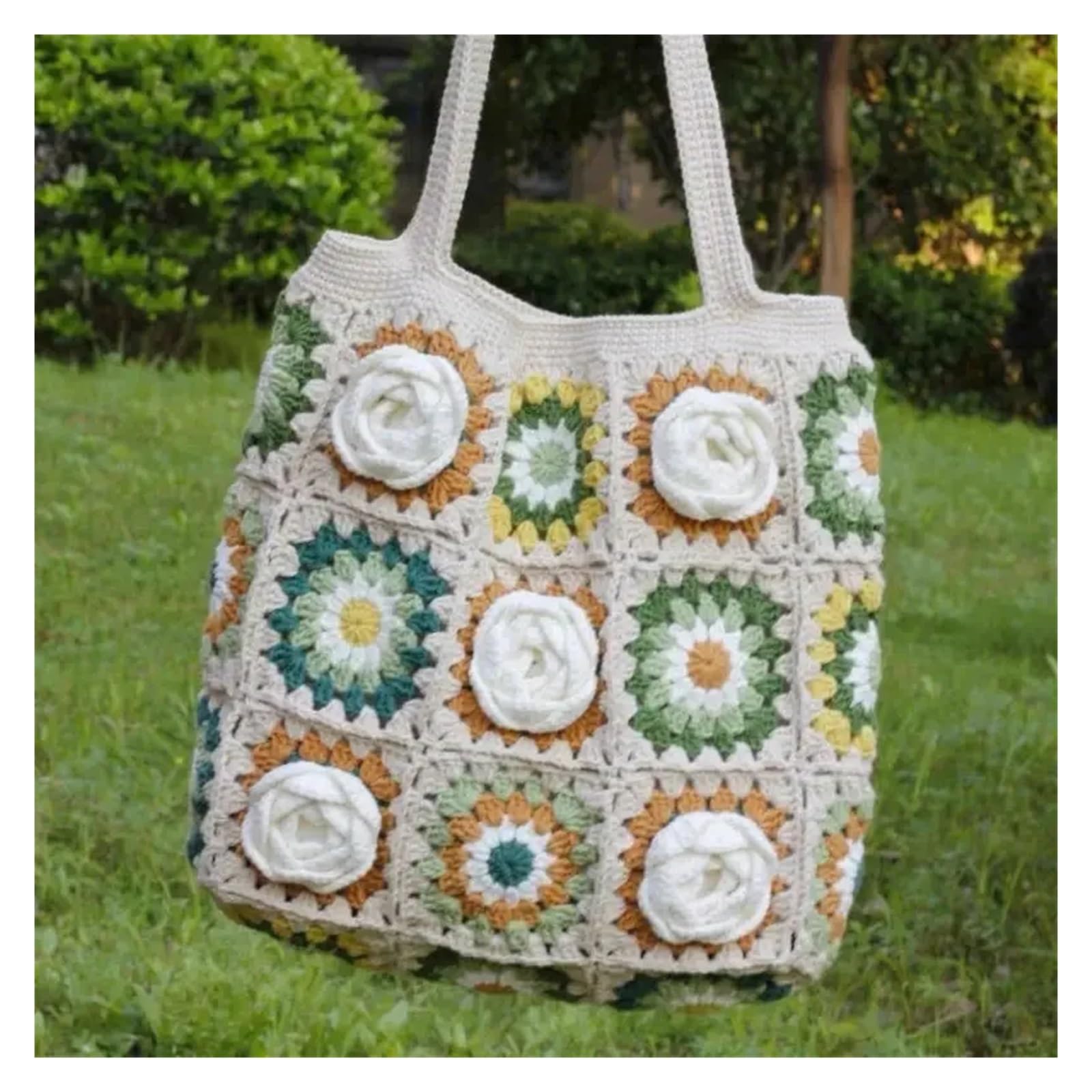 Bolso De Ganchillo Suministros de tejido a crochet Camellia Bolso de hombro a cuadros de abuela Tejido a mano con hilo Amiga Novia