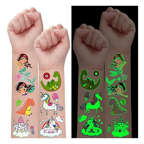 Partywind 245 estilos de tatuajes temporales brillantes para niñas con tatuajes luminosos de unicornio sirena de dinosaurio para niños y niñas
