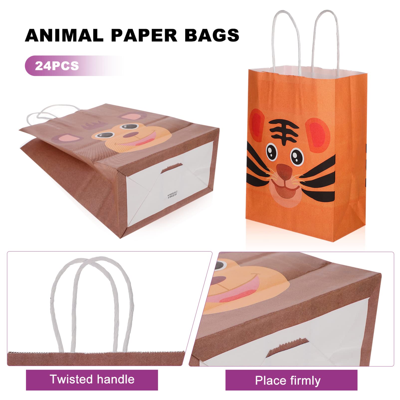 Operitacx 24 Sacchetti Regalo in Carta Kraft Manici, Decorazione Animali per Feste di Compleanno Bambini, Formato Medio 21x15x8cm, Shower e Ringraziamenti