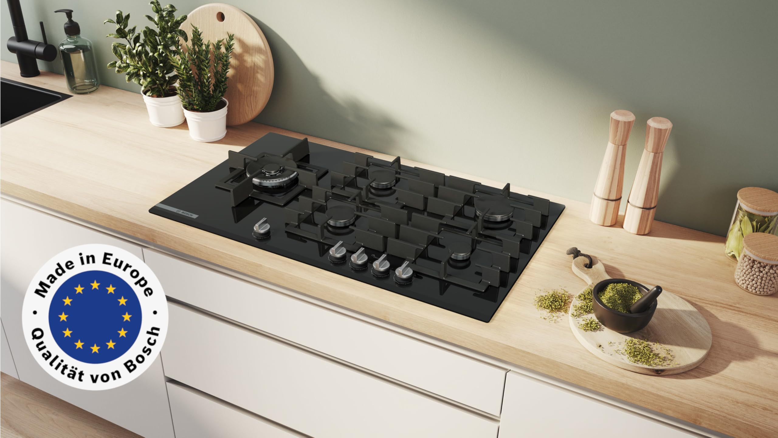 Bosch PRS9A6H40 Serie 8 Gaskochfeld, 90 cm, 9 FlameSelect Stufen, Touch Control, spülmaschinengeeignete Topfträger, Smart Hood Automatic, Home Connect, Sicherheits-Gasabschaltung, Schwarzes Hartglas