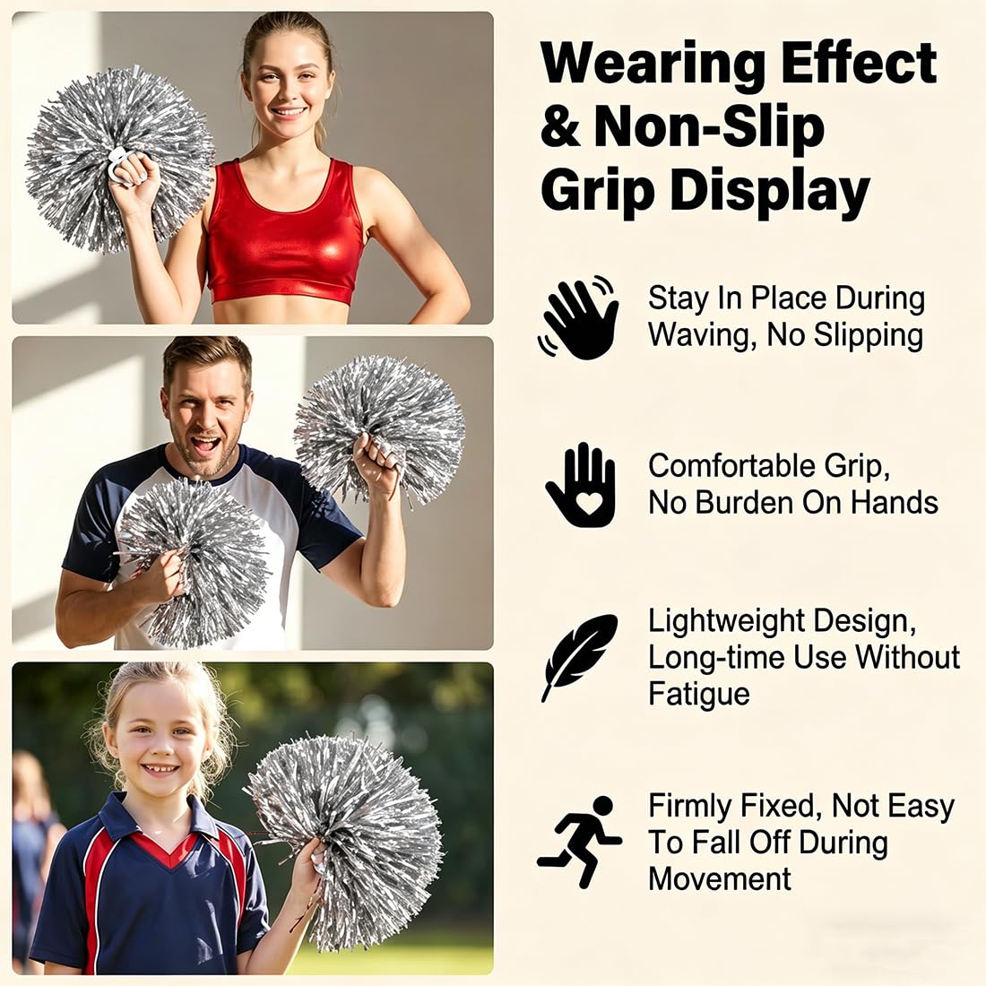 Pompon cheerleader lucidi in lamina metallica con anello in plastica argento