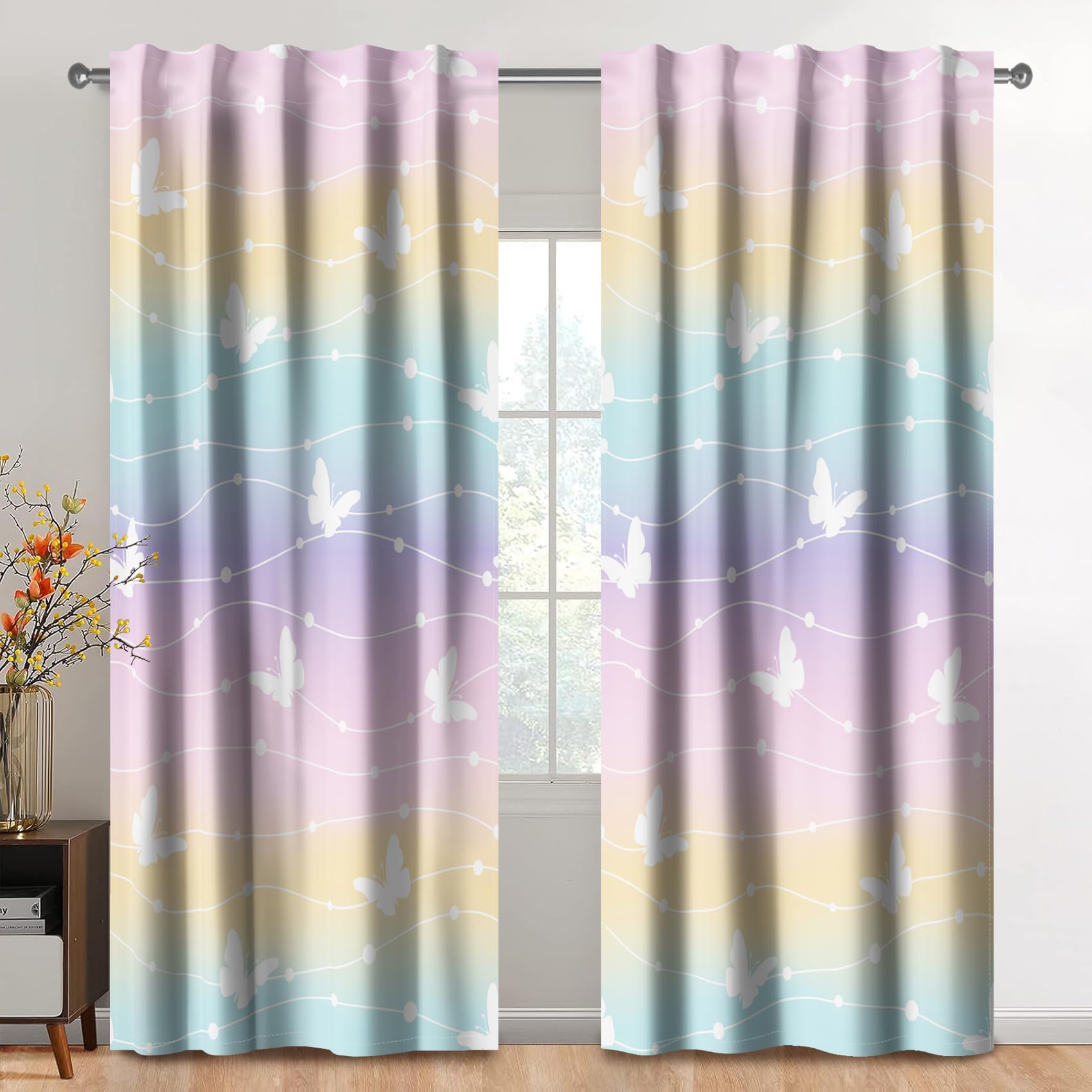 Rideaux arc-en-ciel 107x160cm à 2 panneaux avec papillons pour la déco de fenêtre de salon