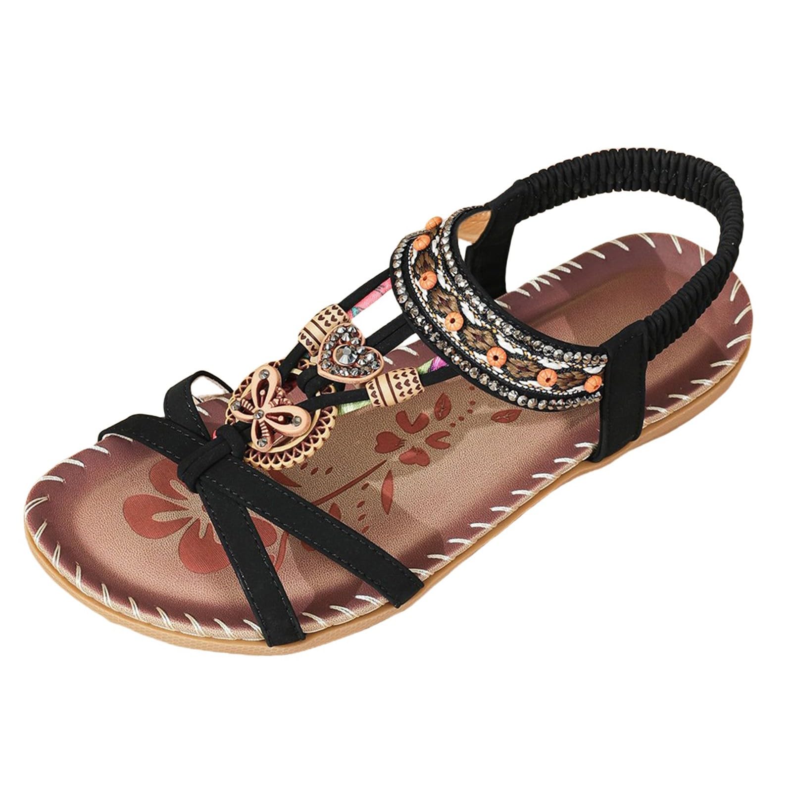 Generisch Sandalias para mujer, estilo boho, sandalias brillantes de estrás, zapatos de playa, elegantes sandalias romanas, tallas grandes, sandalias planas, suaves, antideslizantes, informales, con