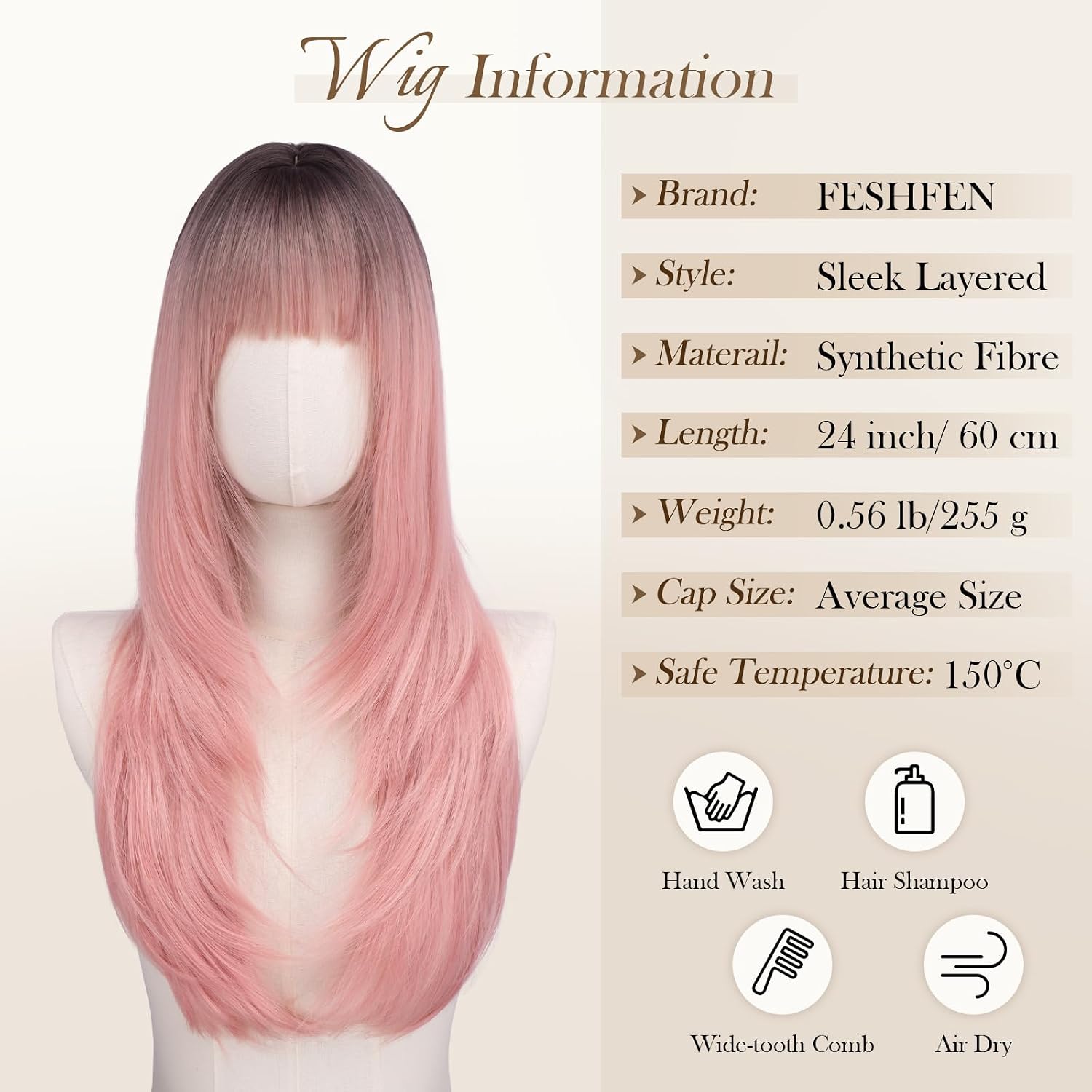 FESHFEN Straight Sleek Layered Wigs with Bangs for Women - Natural Synthetic Long Hair Wig for Daily Party Use 24 inch