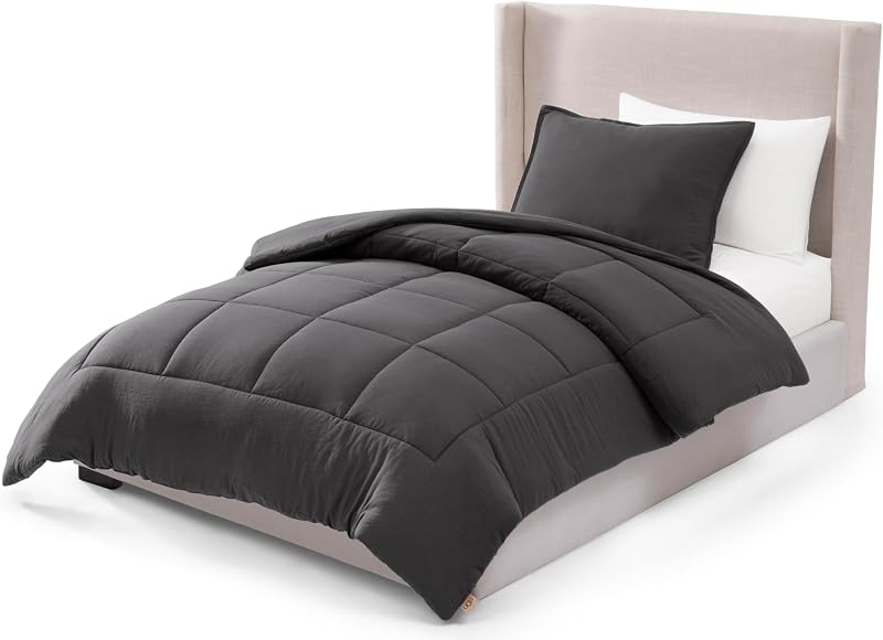 UGG Leonora Twin Comforter Set, Lightweight, 2-Piece, Charcoal Grey | Fits Twin & Twin XL Beds, Down-Alternative Fill, Box-Stitched & Soft, College Dorm Bedding, Machine Washable, 1 Pillow Sham