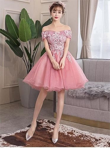 Miniatura 2 de Dydsz Vestido corto de tul con apliques de hombro descubierto para mujer, vestido de fiesta de graduación para adolescentes y jóvenes