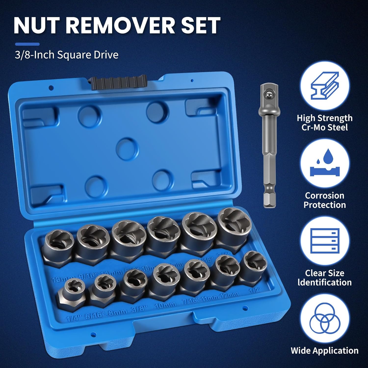 14 Piece Bolt Extractor Kit,Stripped Bolt & Lug Nut Remover Set,3/8" Drive Extractor Socket Set, SAE/Metric for Damaged, Rusted, Frozen Nuts and Bolts