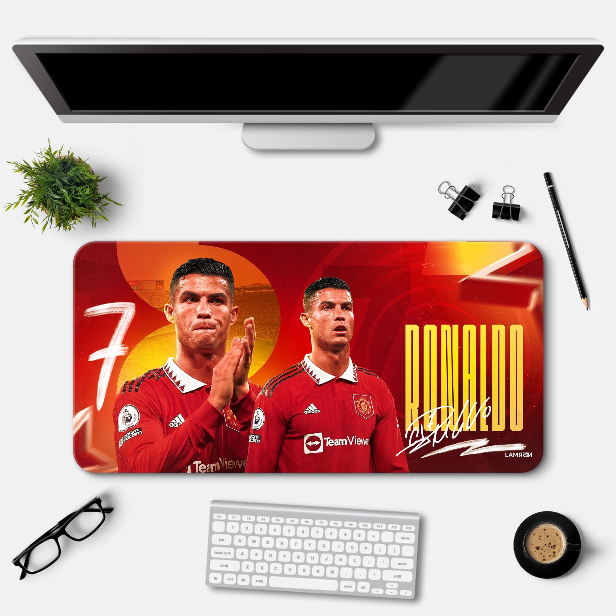 Lamron Copy of Ronaldo Manchester-United Printed Desk Mat | Deskpad | Laptop Mat for Work from Home | Gaming Anime Art Mouse Pad | Computer Table Mat | Deskpad for Office Table (11 x 23 Inch) (B0D2P2VQ48) Amazon Price History, Amazon Price Tracker