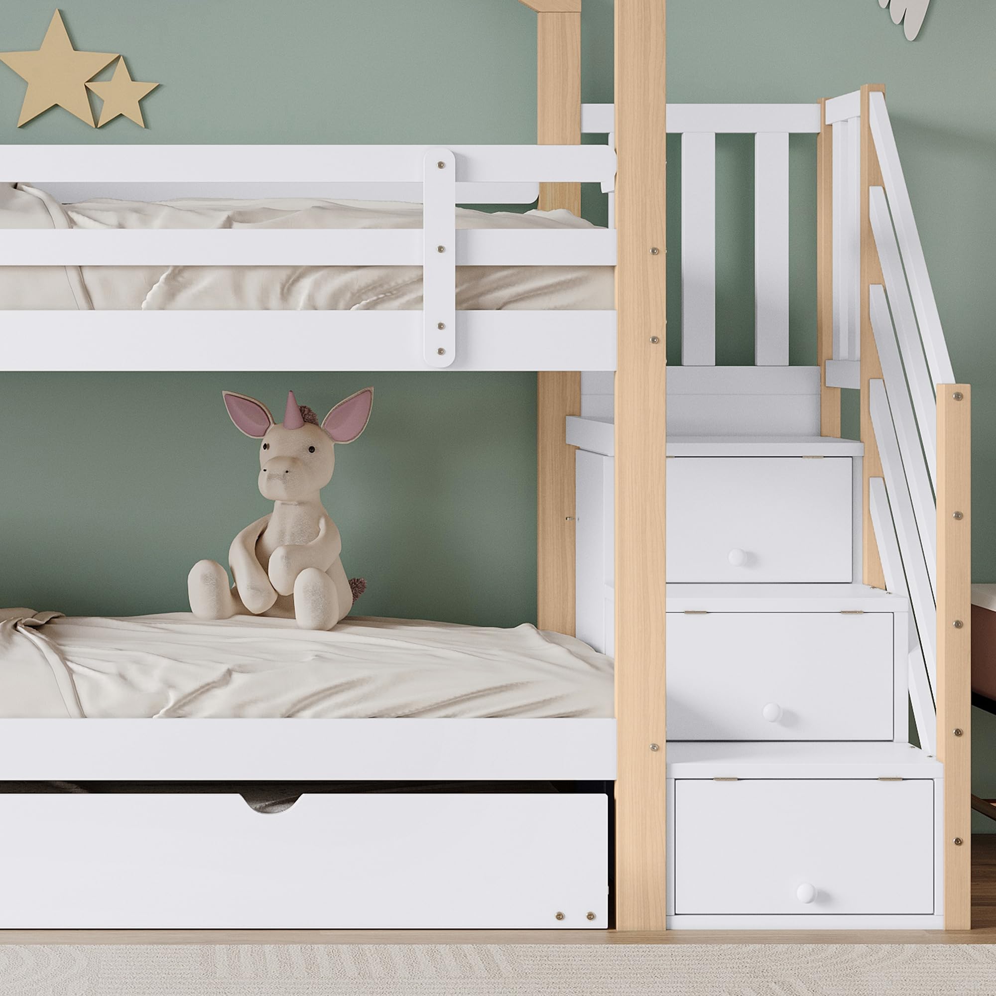 Moimhear litera con casa del árbol extensible, cama corrediza, escalera con 4 cajones, cama infantil con protección contra caídas y reja de cama infantil, con somier, Natural+Blanco (90x200cm