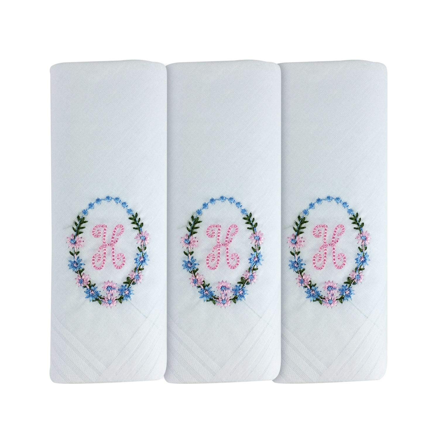 Surf the Shop 3 Pack Of Womens/Ladies Embroidered Initial Handkerchiefs With White Satin Border Various Initials (H)
