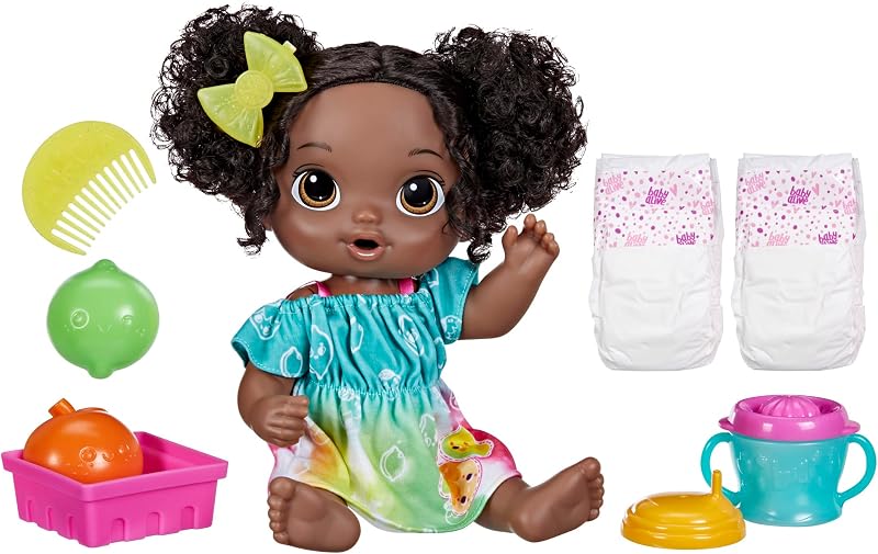 Muñeca Fruity Sips, lima, juguetes para niñas de 3 años, juego de muñeca bebé de 12 pulgadas, bebidas y líquidos, exprimidor de juguete, niños de 3 años en adelante, cabello negro
