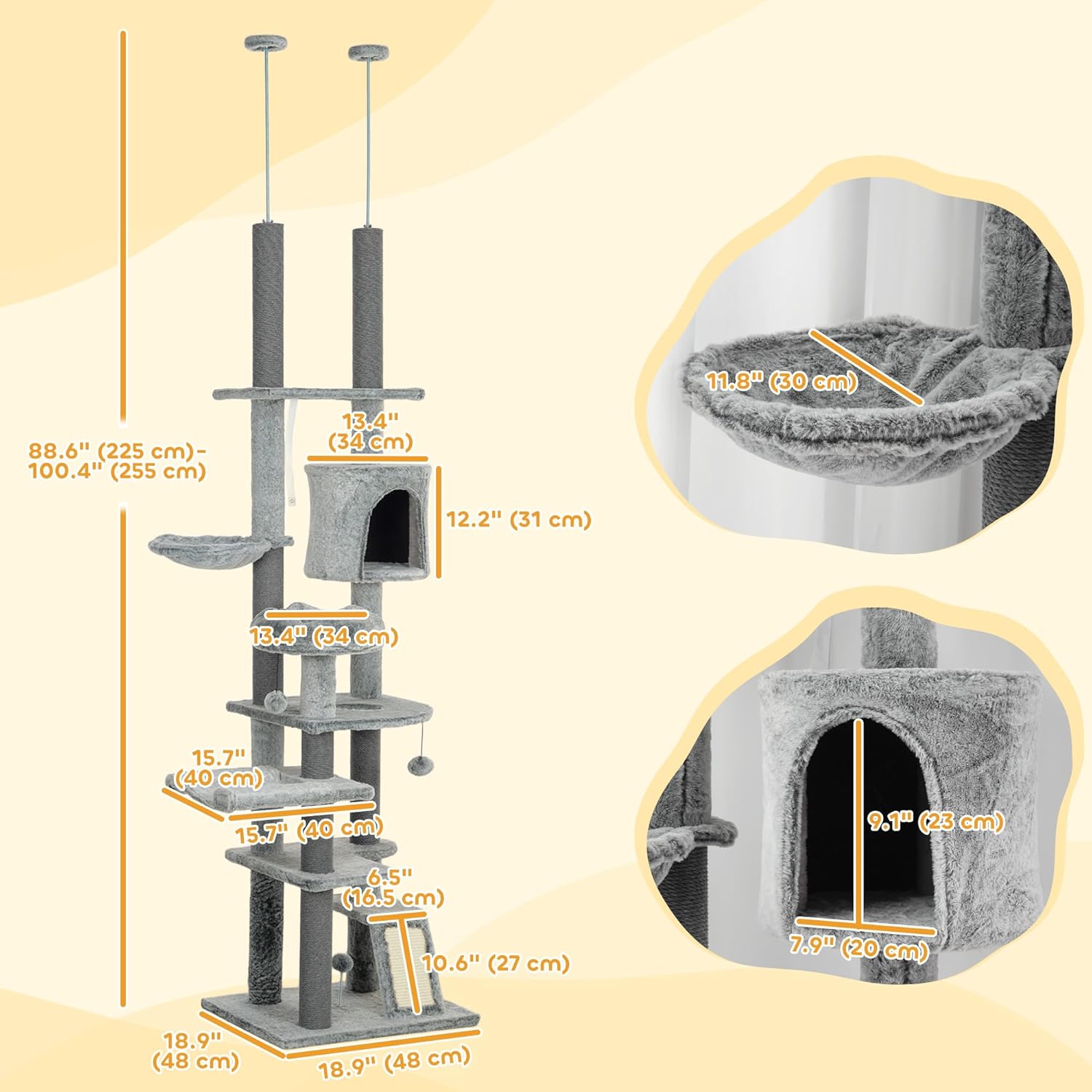 Adjustable Gray Floor-to-Ceiling Cat Tree Tower with Hammocks and Condo
