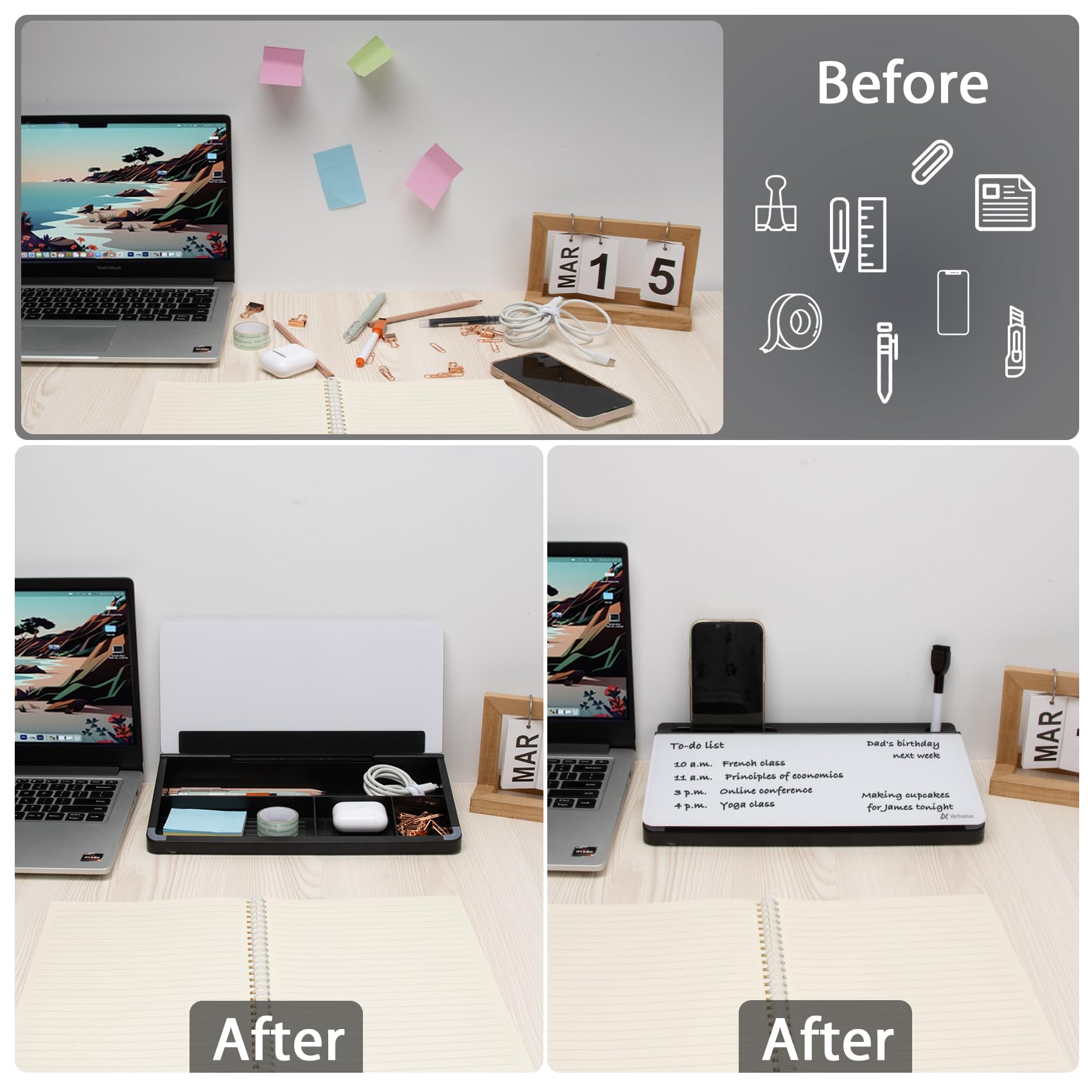 Varhomax Petit tableau blanc de bureau en verre effaçable à sec avec panier de rangement, liste de tâches, bloc-notes pour bureau, école et la maison (noir et blanc)