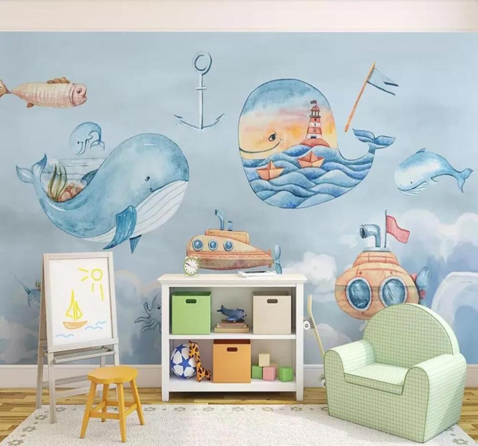Tzxztt 150Cm×105Cm(B×H) Cartoon Creative Sky White Clouds Whale Modern 3D Wallpaper Premium Textured Silk Neutral Tones Material Ideal For Living Room Bedroom-150Cm×105Cm