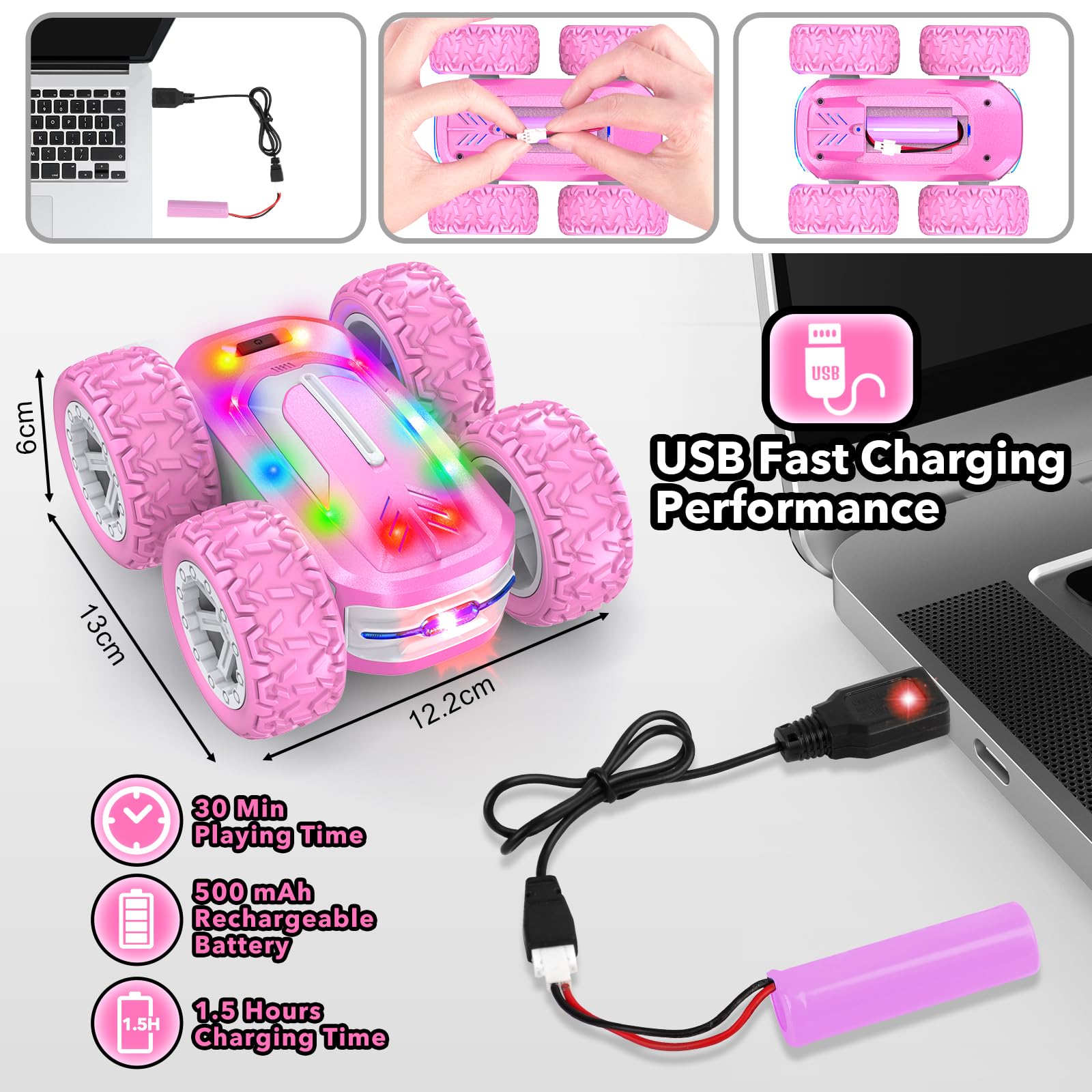 Voiture Télécommandée Fille, Jouet Enfant 8 9 10 11 12 Ans 4WD Voiture Cascadeuse 360° Rotation avec Lumière LED RC Drift Course Camion Tout Terrain Jeux Exterieur Jardin Cadeaux Garçons Filles (Rose)