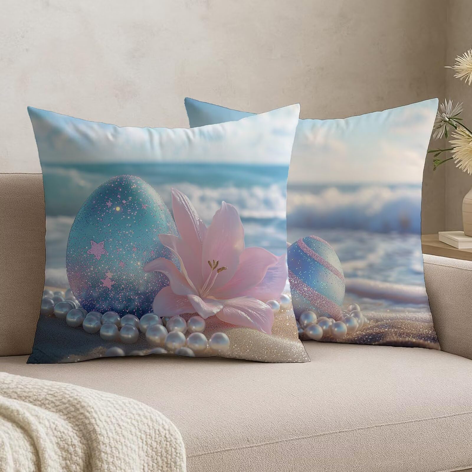 Housses coussin 55x55 velours bleu œuf de canard fermeture cachée