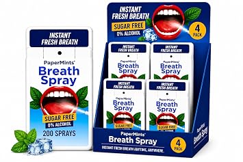 PaperMints Fresh Breath Spray Ultra-Refreshing Mint Flavor, Sugar-Free Breath Freshener, Easy to Carry, Pocket-Sized Spray for Instant Freshness, 4 Pack x 12ml Approx. 800 Sprays