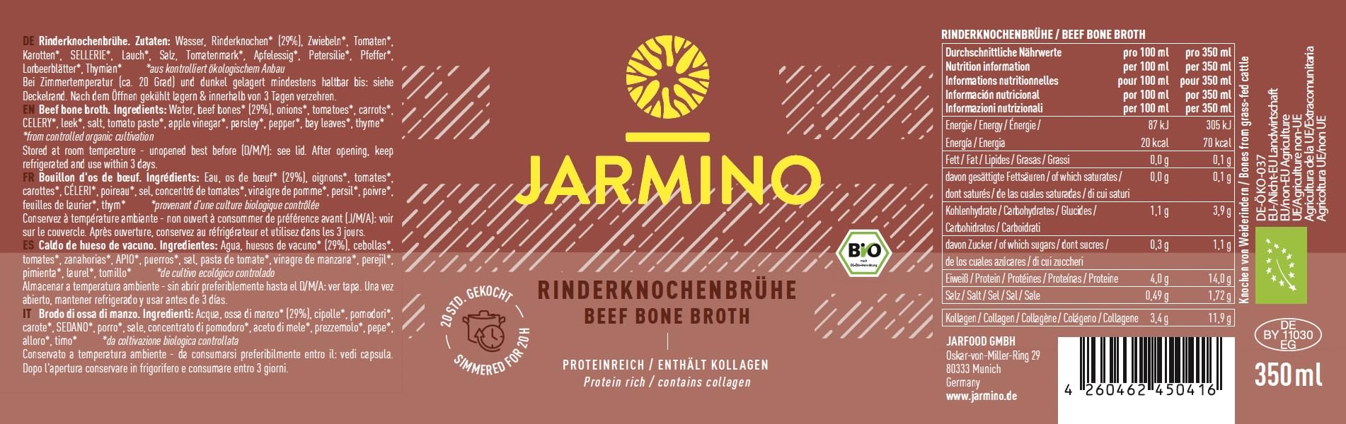 JARMINO Knochenbrühe BIO Weiderind 6x 350ml reich an Kollagen Protein Aminosäuren