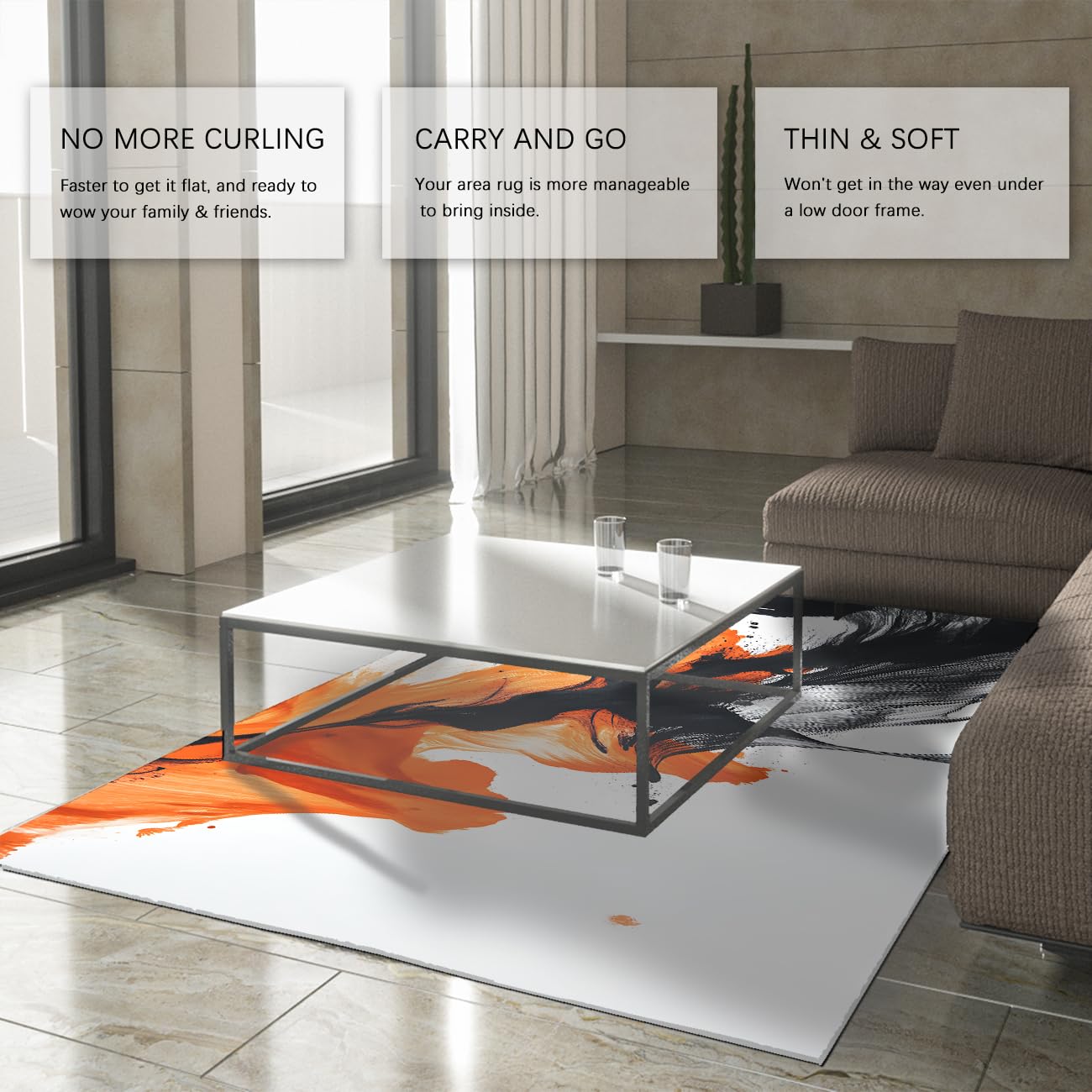 Waschbarer Teppich 80x150 Bereichsteppiche weich Kunstwolle für Wohnzimmer Schlafzimmer Esszimmer rutschfest faltbar Innen für Wohnkultur modern Aquarell Kunst Bodenmatte Schwarz Orange