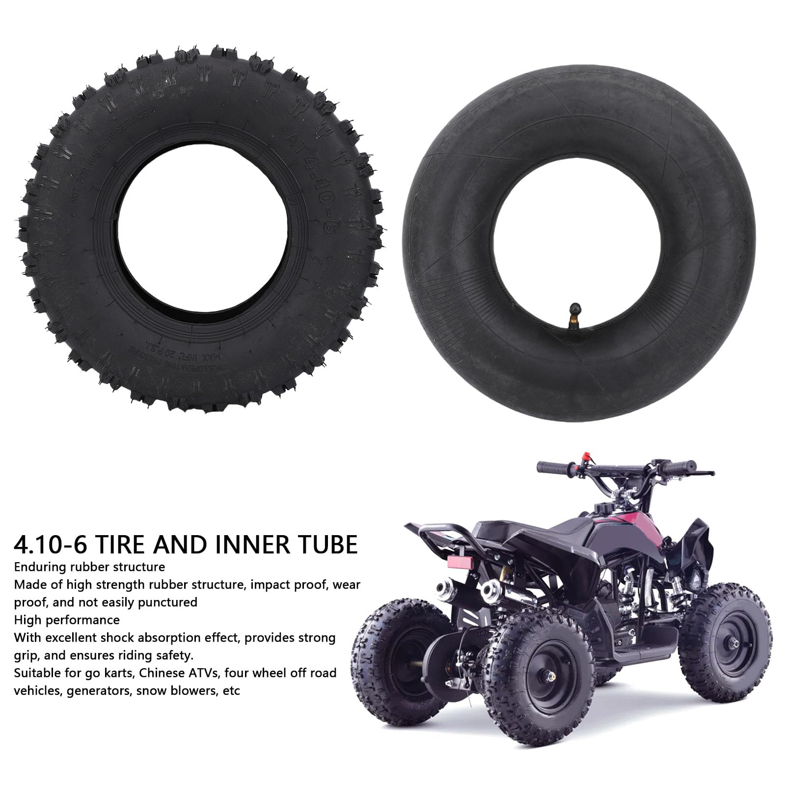 Akozon Tubes Intérieurs en Caoutchouc et Pneu pour 4.10-6 Tire Inner Tube Set Go Kart Chinois TV-Tracteur Mini Vélo