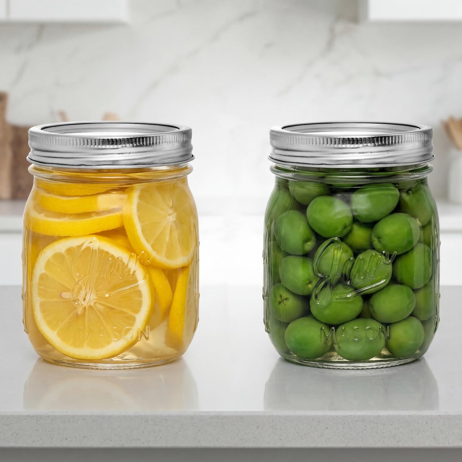 Lyellfe 12 Pack Wide Mouth Mason Jars, 16 Oz Short Glass Canning