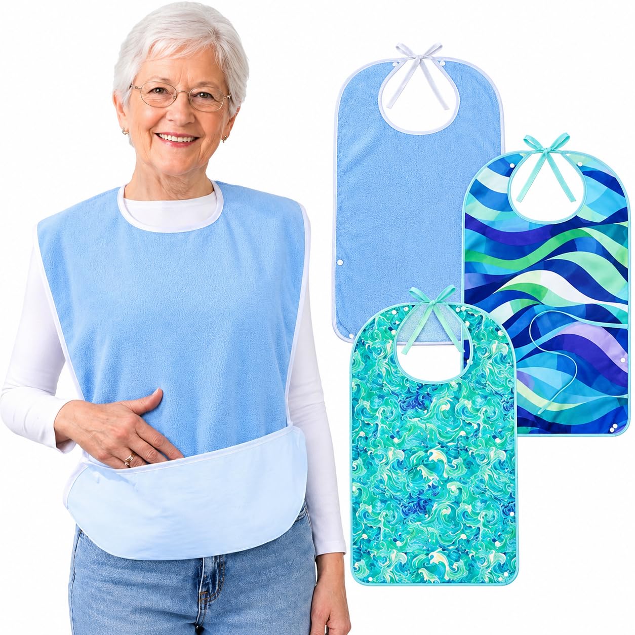 3PCS Adult Bibs, Reusable Waterproof Bibs with Crumb Catcher for Adults