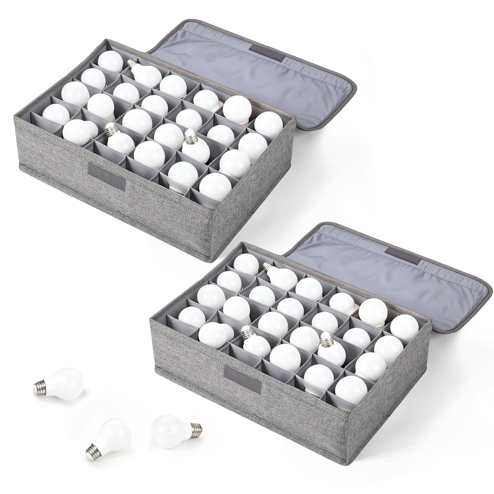 2 Pcs Light Bulb Organizer Storage Box Ornament Storage with 30 Dividers Foldable Bulbs Organizer with Lid Sturdy PP Board Fits Various Standard Dustproof Fabric Case for Home Vbs (Grey)