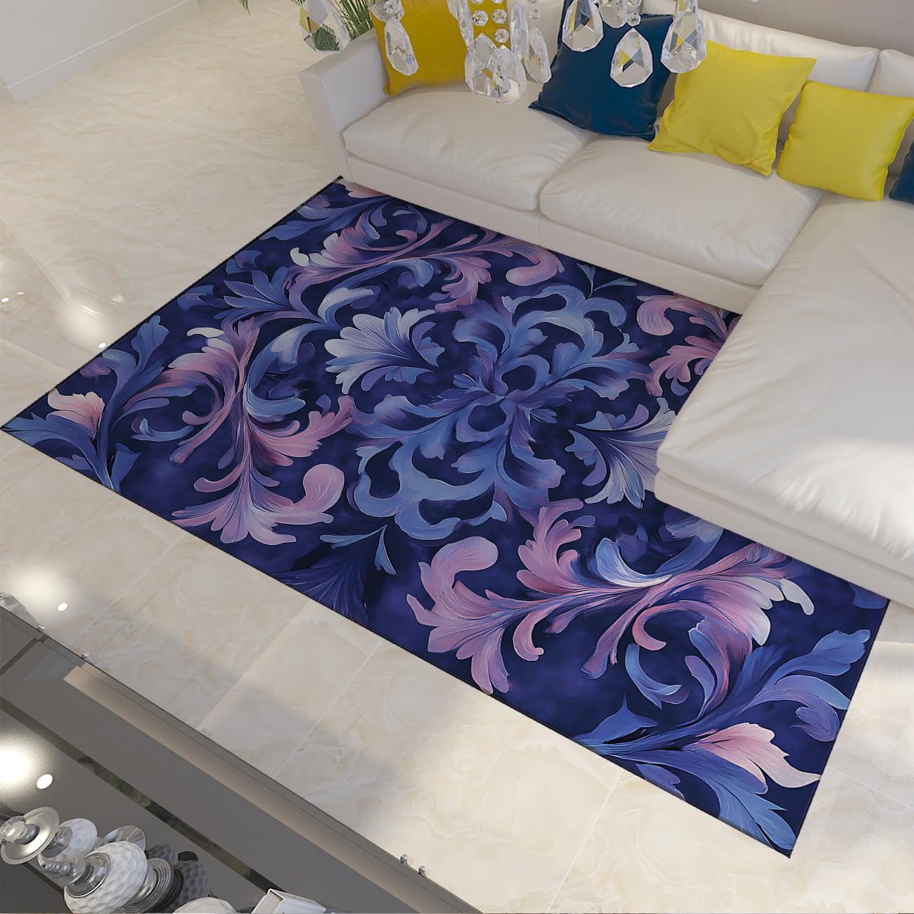 Tapis lavable bleu et violet grand format 140x180cm antidérapant de salon