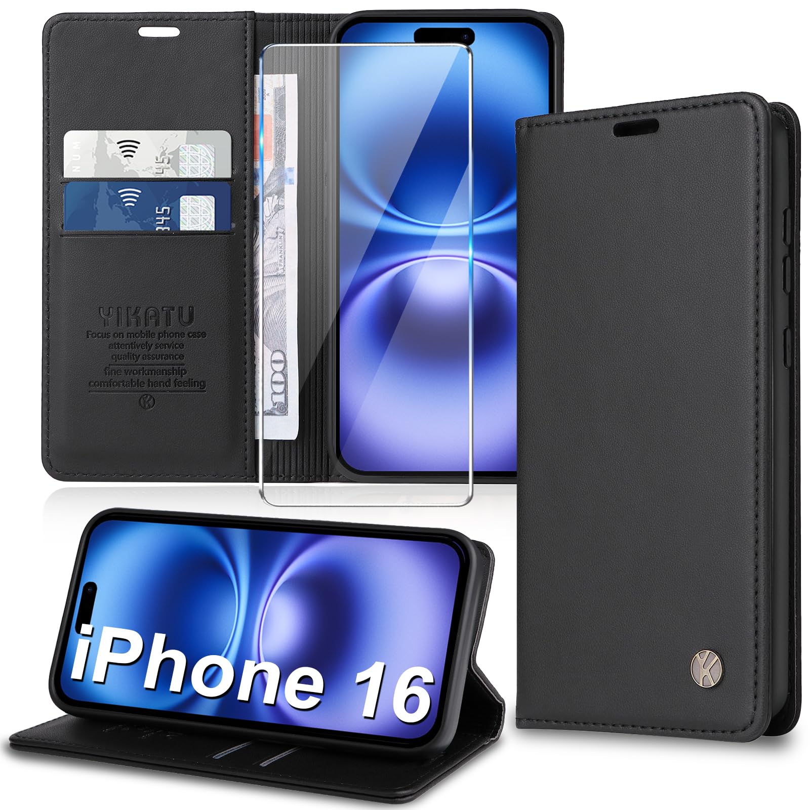 Migexxkj Handyhülle für iPhone 16 Hülle [mit Schutzfolie][Premium PU Leder] Klapphülle Kartenfach Magnetic Ständer Flip Case Cover Etui Tasche Schutzhülle für iPhone 16 6.1“ (Schwarz)