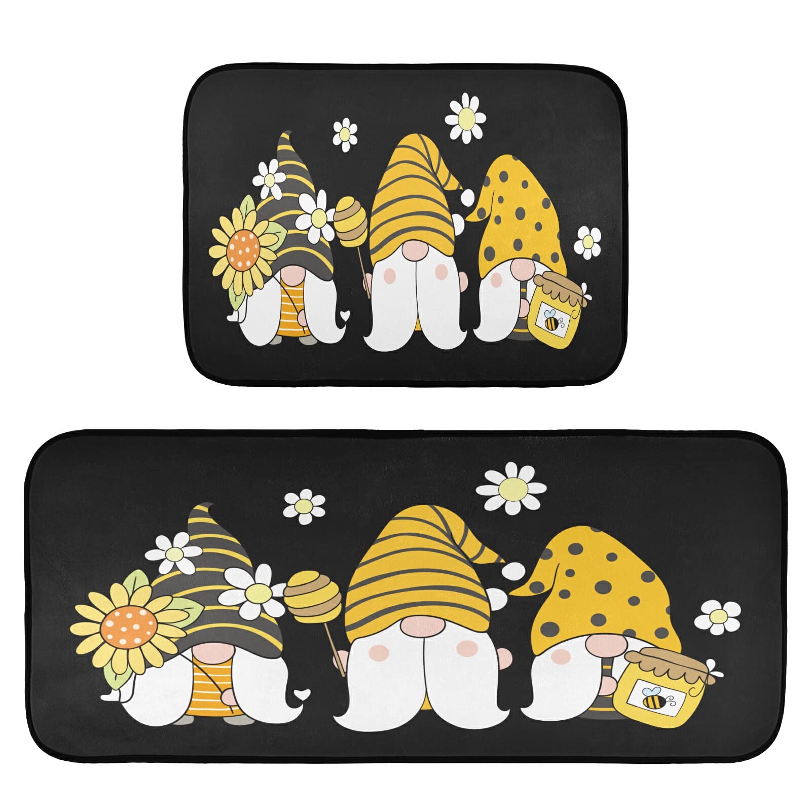 Bee Gnomes Cartoon Style Kitchen Mat Set of 2 Anti Fatigue Mat, Non Slip Cushioned Mat Runner Rug Doormat for Kitchen, Sink, Laundry, Bathroom, Home Decor