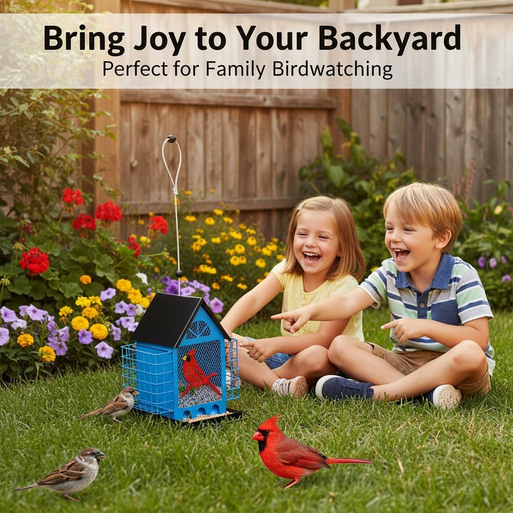 Blue House Metal Bird Feeder - 20" Hanging Wild Bird Feeder with Decorative Accents, Large Capacity Outdoor Birdfeeder for Cardinals and Songbirds, Perfect Garden Gift