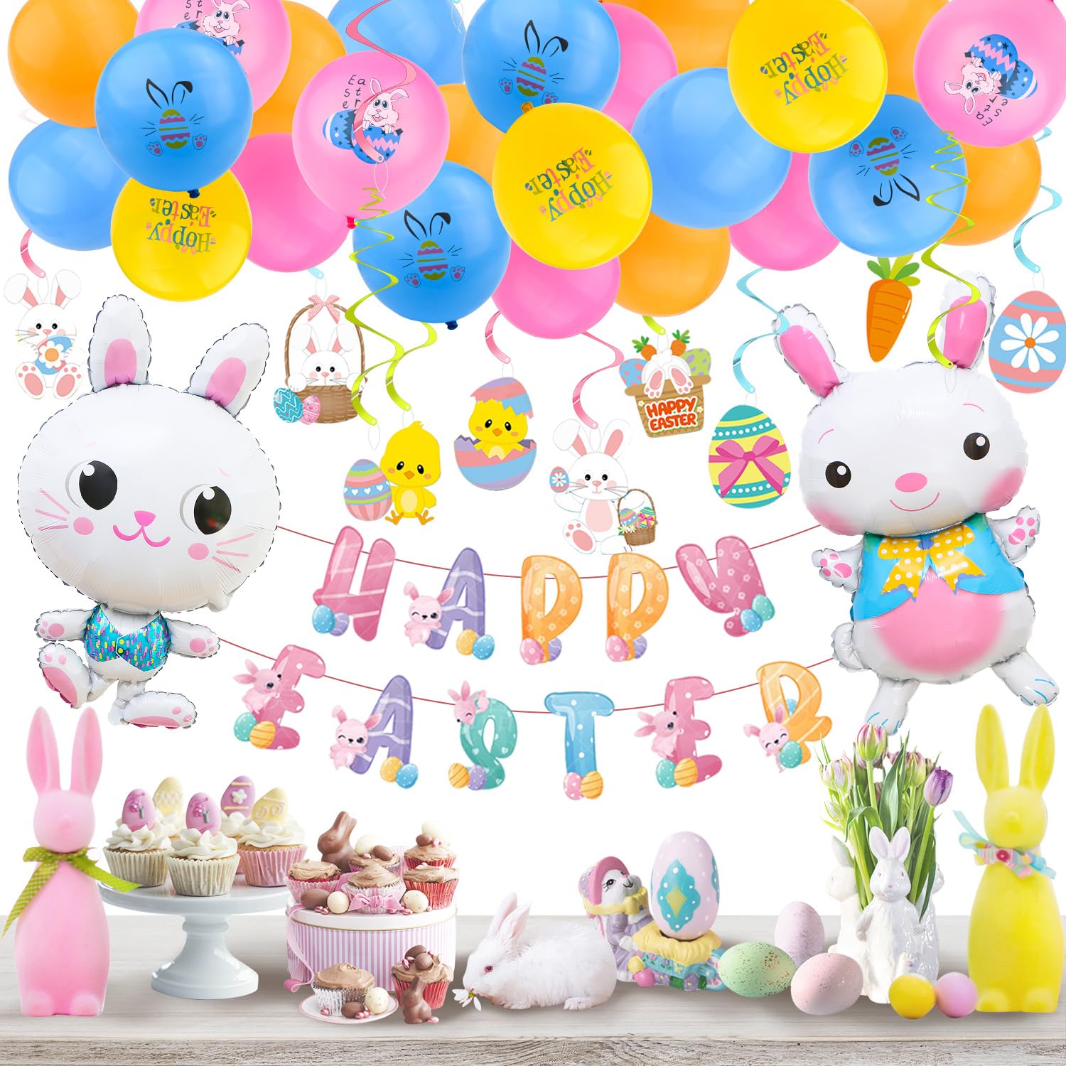 55PCS Easter Party Decoration Happy Easter Balloons Banner Kits Bunny Egg Hanging Swirl Decorations for Easter Party Supplies