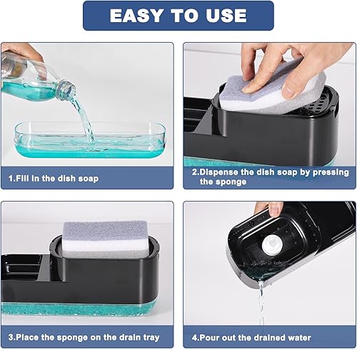 Miniatura 7 de Dispensador de jabón para platos de 20 onzas para fregadero de cocina con soporte de esponja 3 en 1, organizador de bomba de detergente líquido