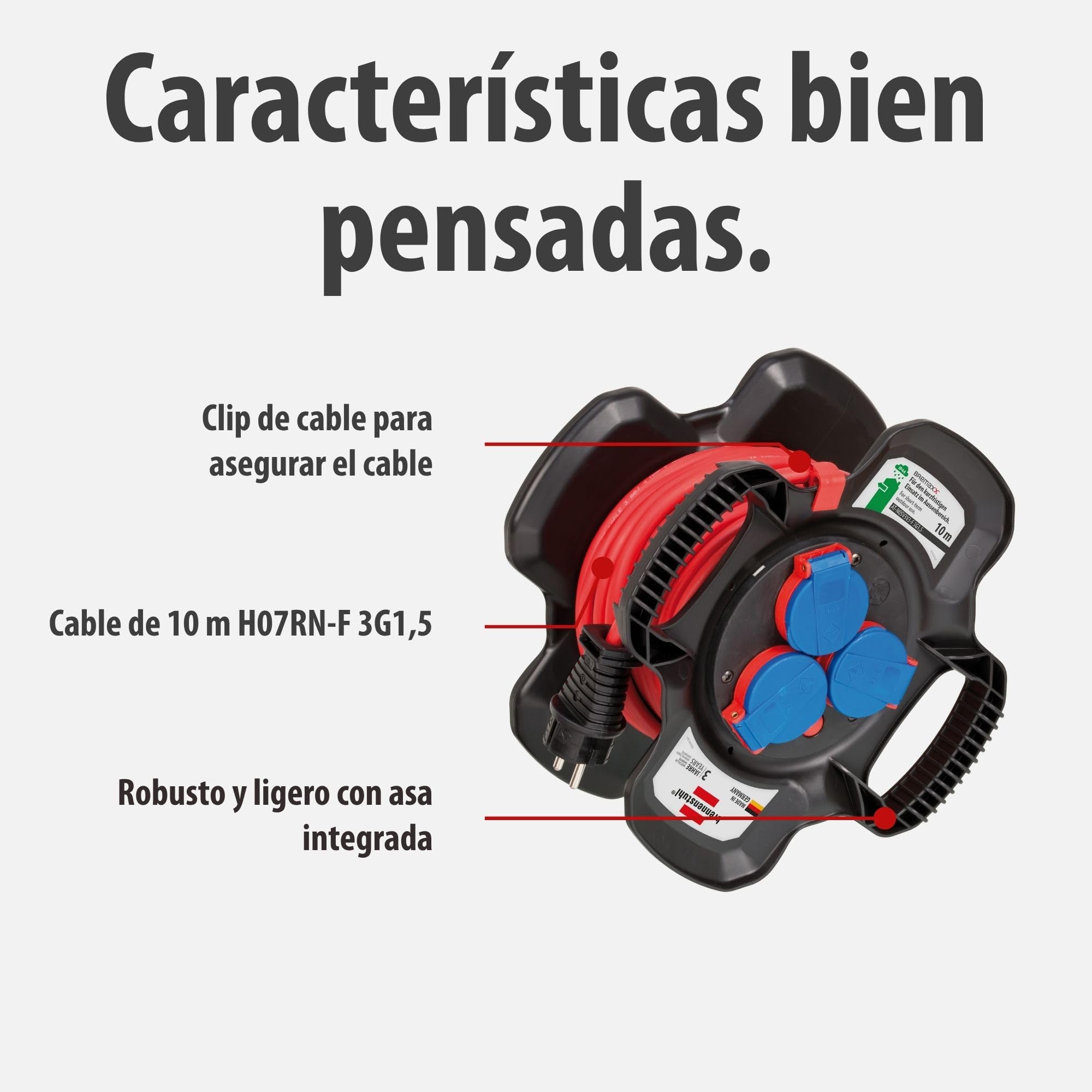 Brennenstuhl enrollacables X-Gum con 3 tomas de corriente, alargador enrollable de cable 10 m (uso en exteriores, irrompible, fabricado en alemania)