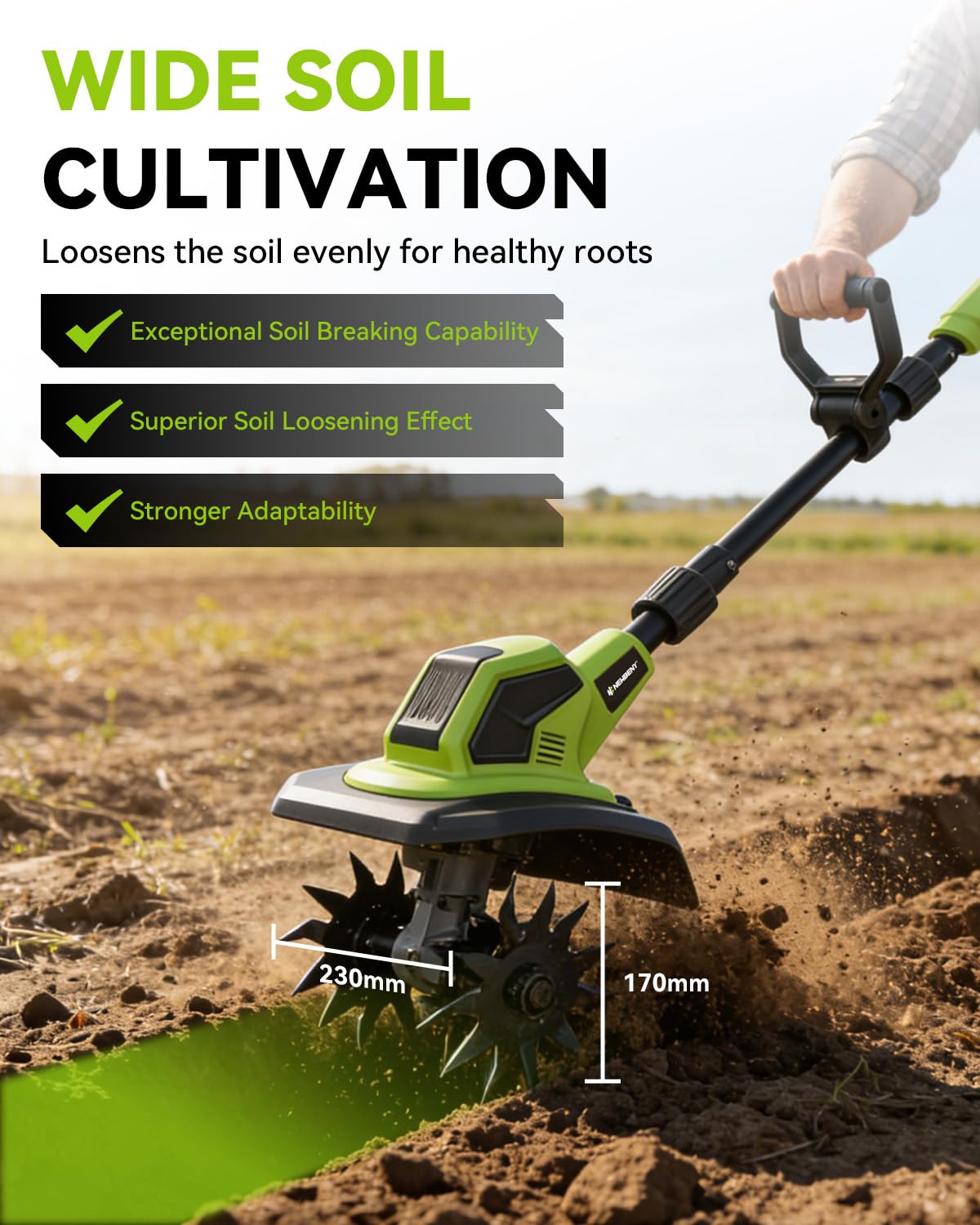 Timón inalámbrico con 2 baterías de 2.0 Ah, rotavator de jardín con 4 juegos de cuchillas de acero, 23 cm de ancho y 17 cm de profundidad, cultivadores para deshierbar, cultivo de suelo y