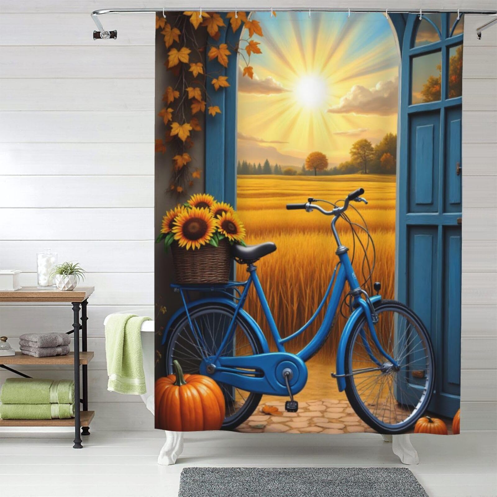 Rideau de douche en tissu motif vélo azur pour salle de bain