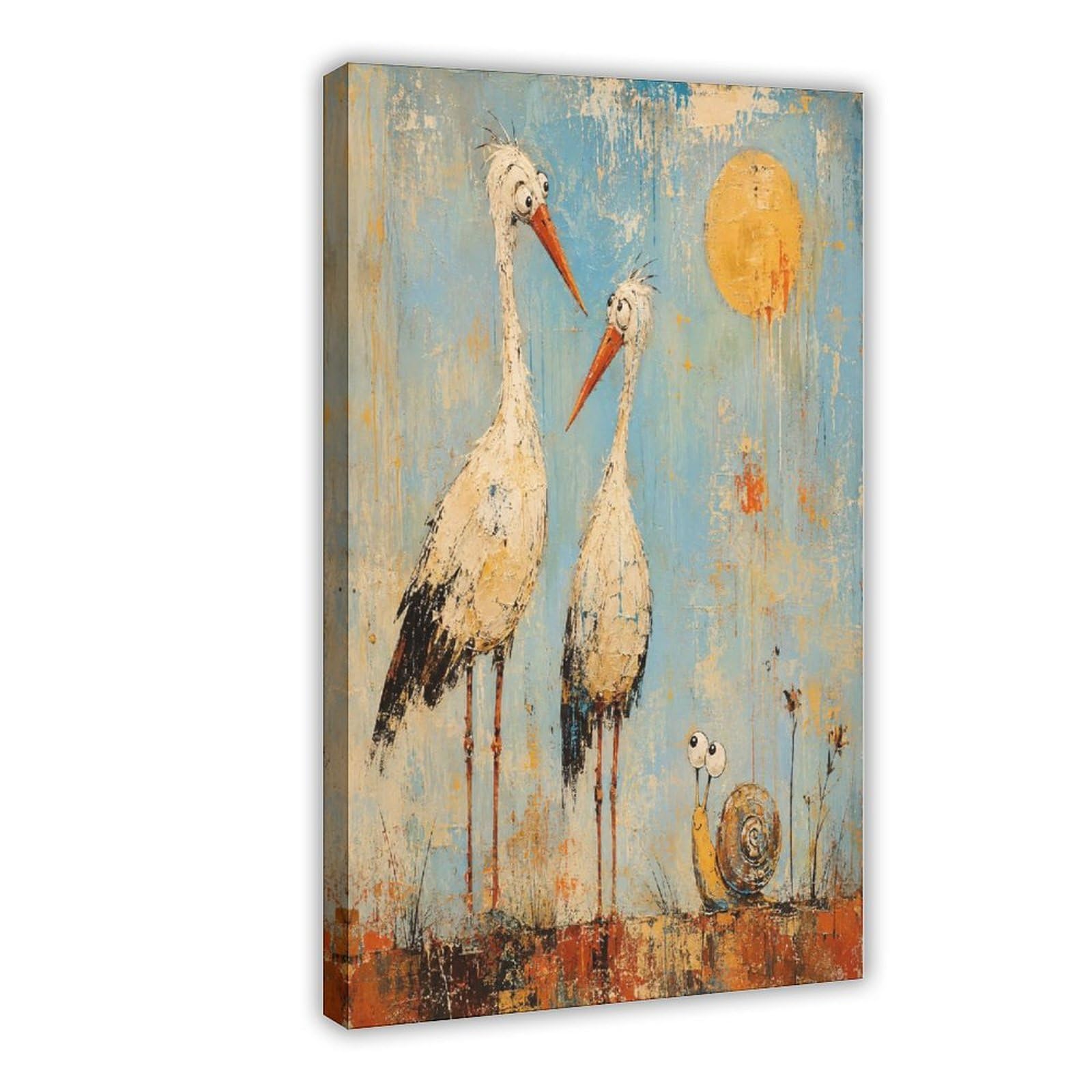 H3b8u2y5 Frame-Style-21 Storks With Snail Canvas Wall Art, Whimsical Bird Office