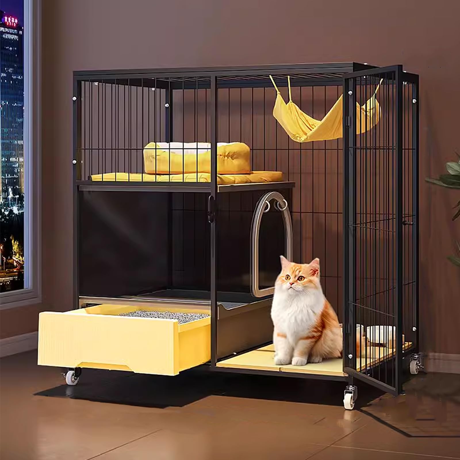 Recinzione per gatti in metallo con lettiera panoramica e piattaforma per gatti, furetti, cincillà e piccoli animali, 76 x 55 x 102 cm