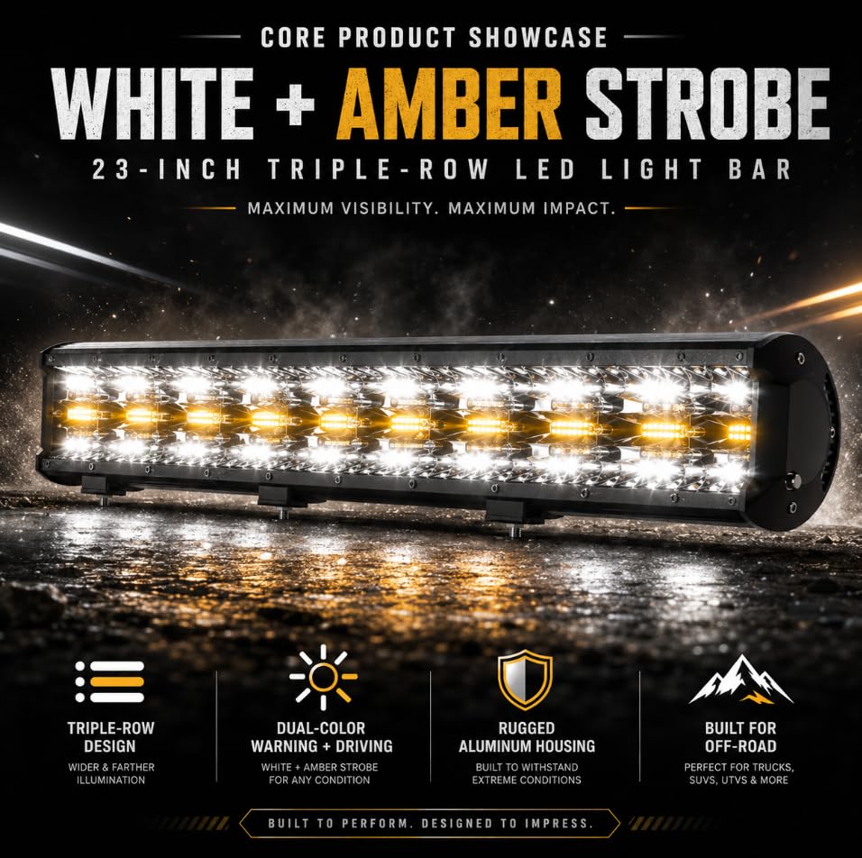Image of 23 Inch 144W LED Light Bar White /Amber Flasing Strobe Light with Six Modes Driving Fog Lights Spot Flood Combo Beam Bumper Lights with Switch Wiring Harness for Offroad Truck 4WD SUV ATV UTV