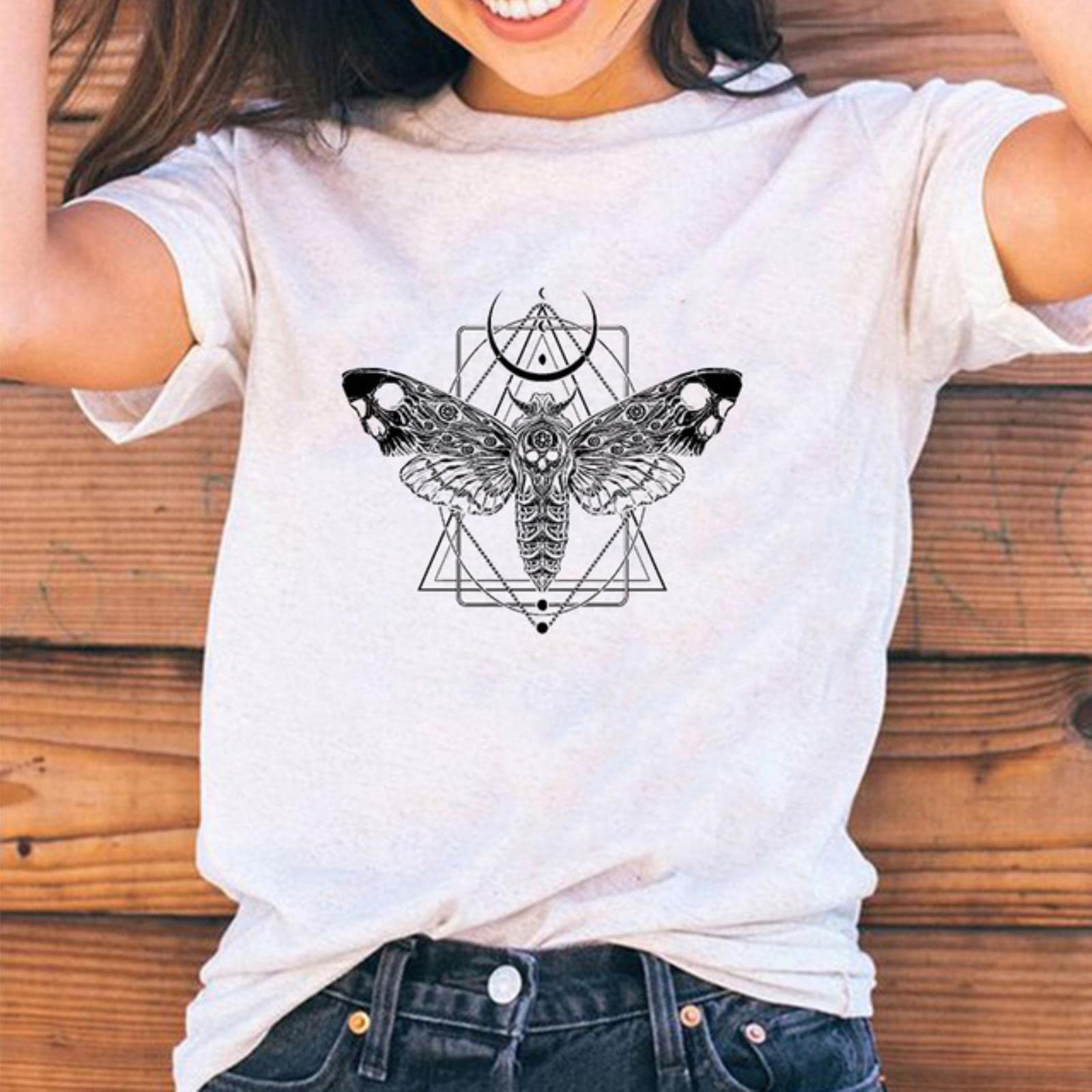 MBVFD Gothic T-shirt Female summer O-neck short-sleeved rose moth moon print pattern vintage casual punk clothes dark mujer top