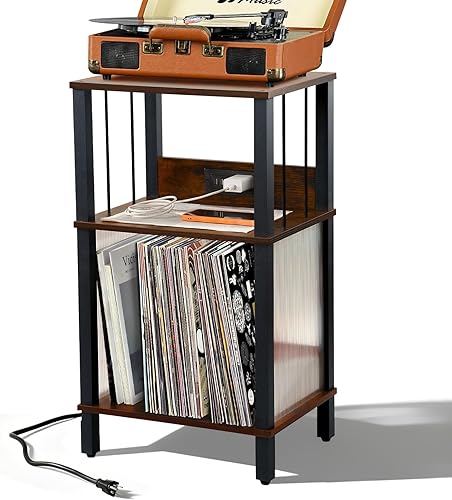 Soporte retro para tocadiscos con almacenamiento de 100 álbumes, soporte giratorio de altura ajustable, estante compacto de vinilo de madera para