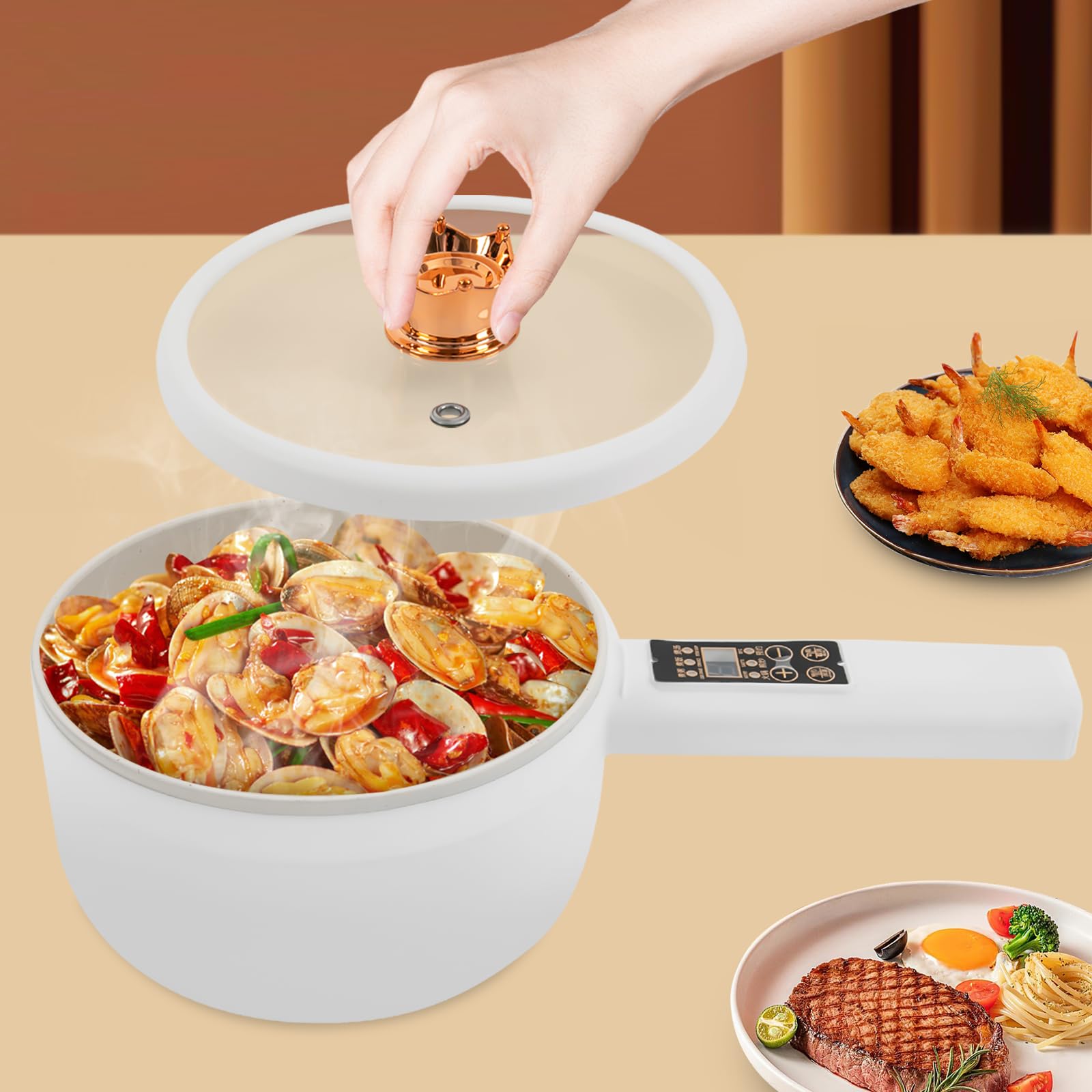 Sartenes eléctricas, 220 V, olla caliente eléctrica con vaporizador y tapa, sartén portátil de 1,6 l, antiadherente, multi-cocina para dormitorio, camping, casa