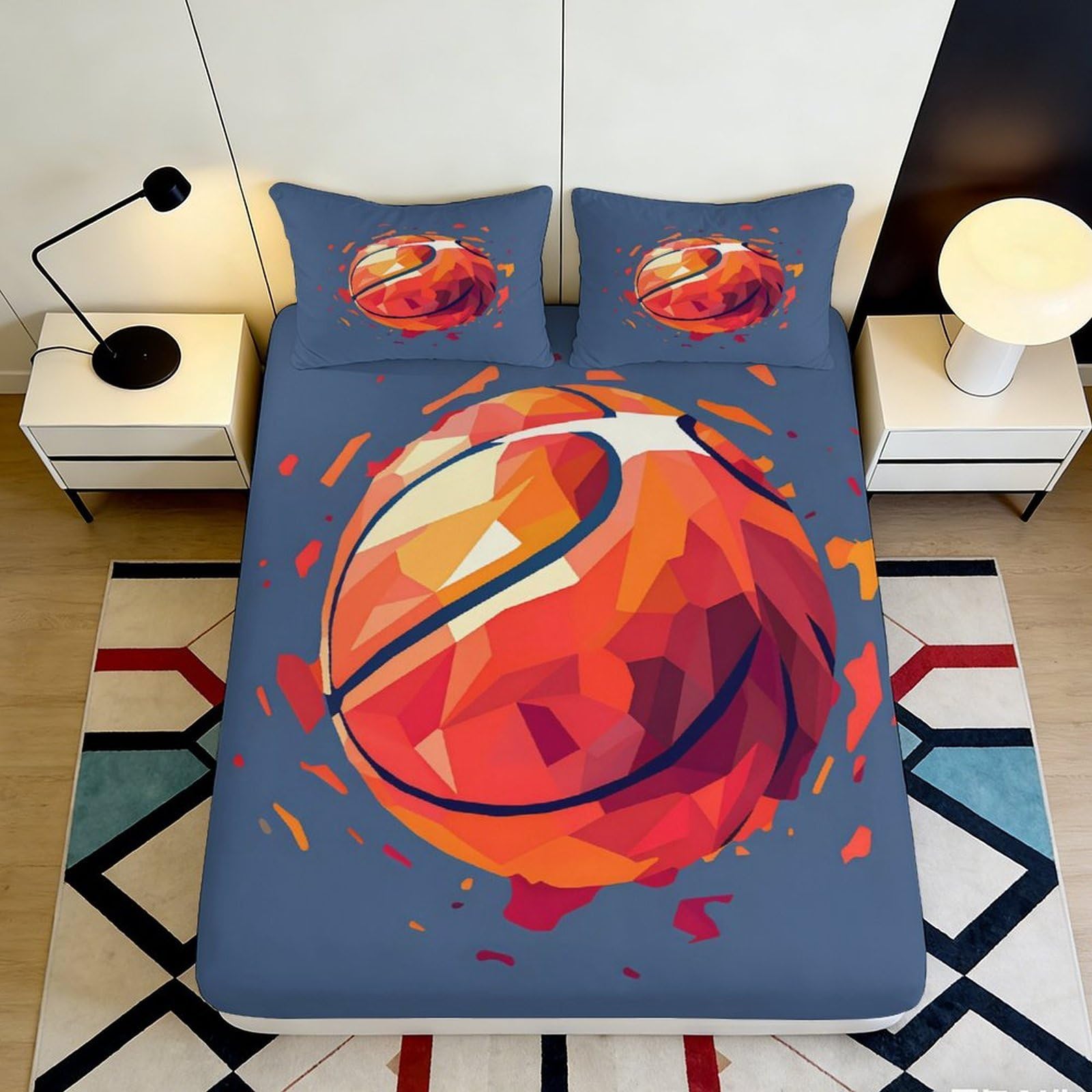 3D Printed Basketball Fitted Sheet Microfiber Deep Pocket Bedroom Bedding Basketball Mattress Fitted Cover Non-Slip for Adults 200x200x25cm