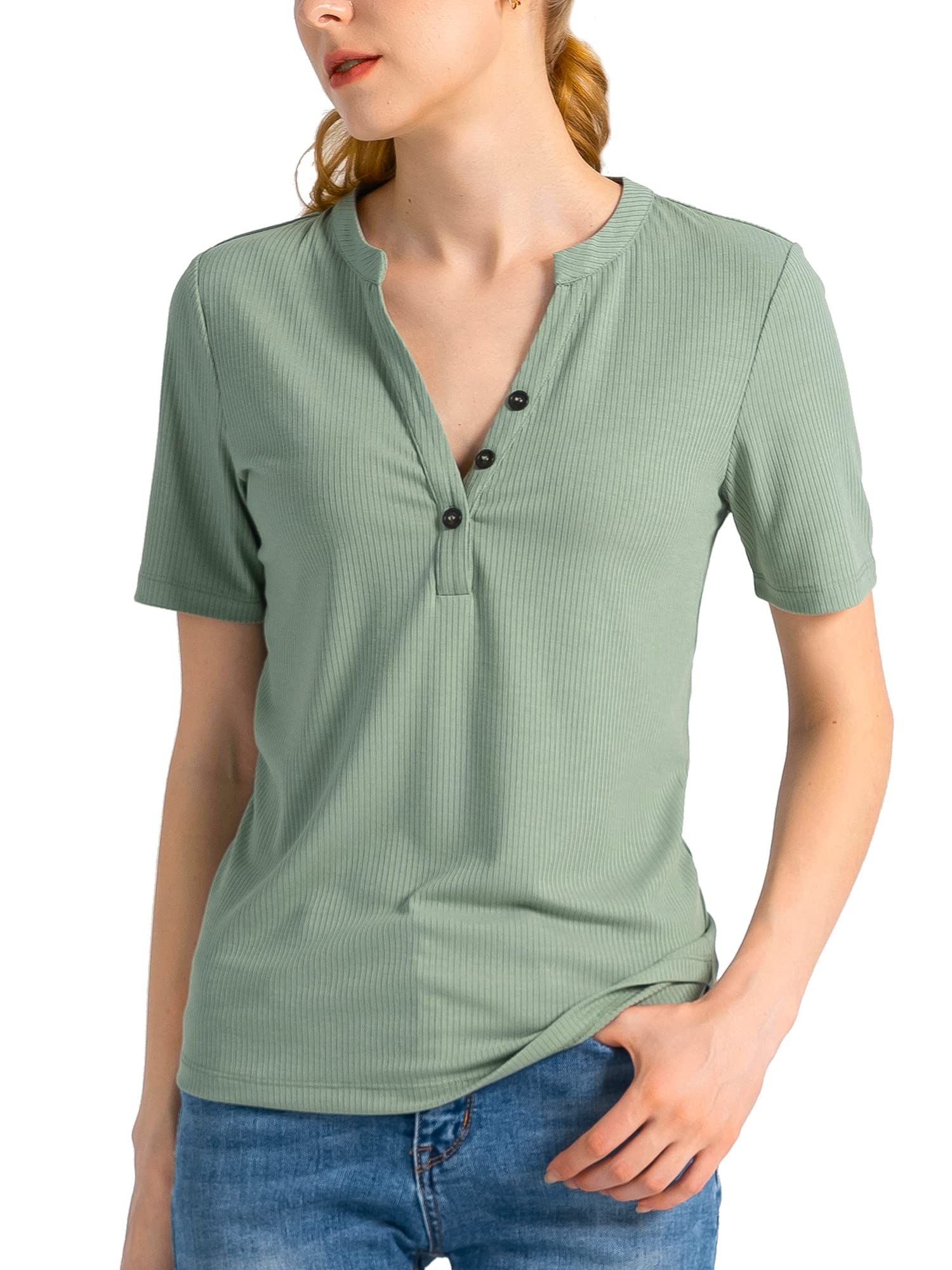 Women's V Neck Button T-Shirts Short Sleeve Stretch Casual Tops Basic Summer Blouse