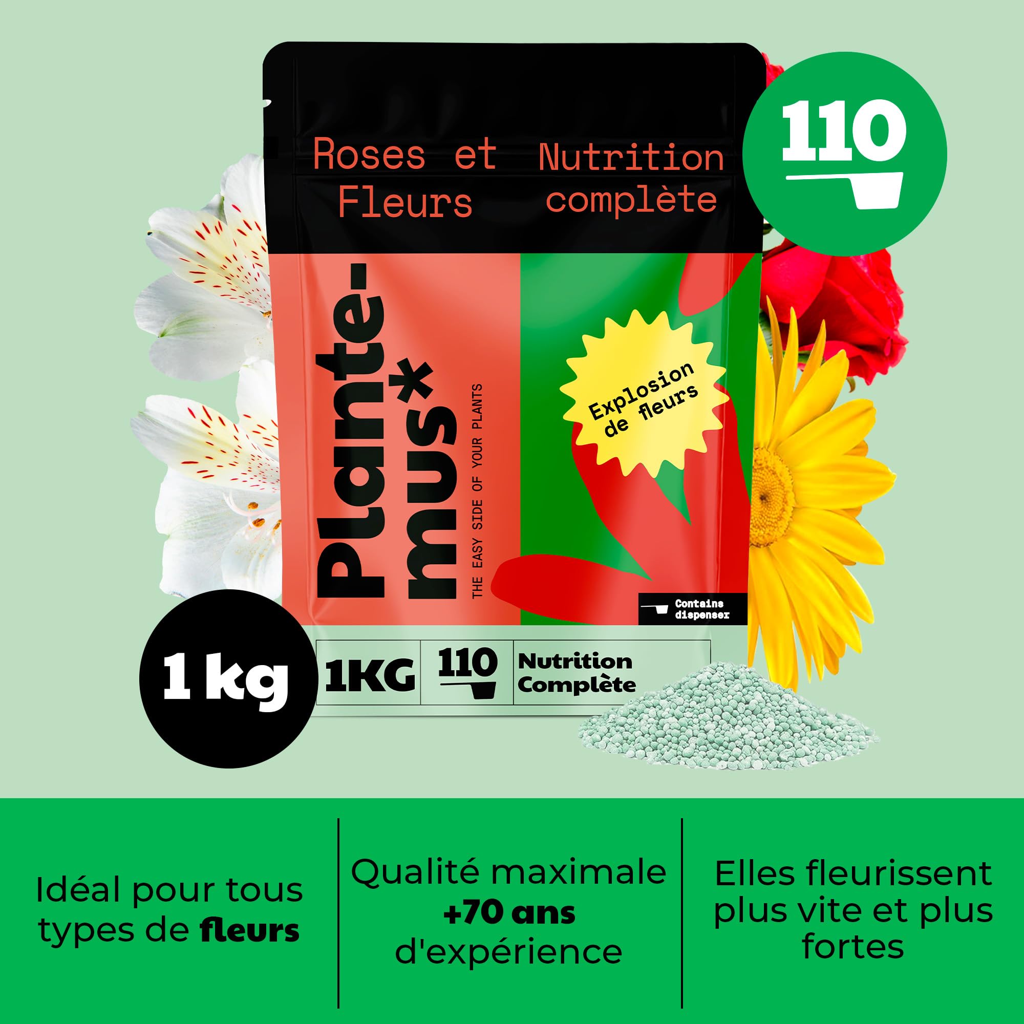 PLANTEMUS Engrais pour Rosiers et Fleurs, idéal pour les Orchidées, Hortensias et tout type de Plantes à Fleurs, Granulé, 1 KG