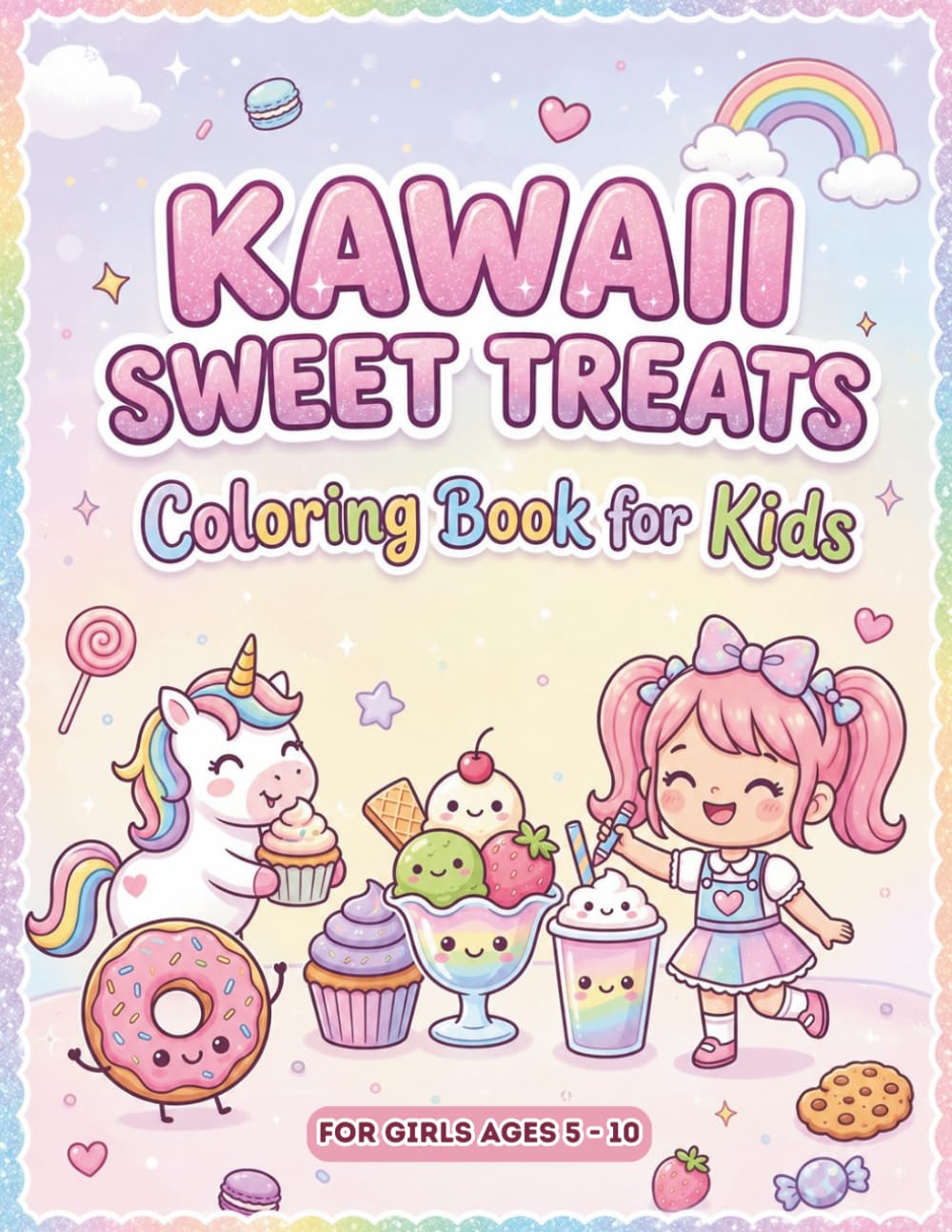 Kawaii Sweet Treats Coloring Book for Kids: Ice Cream, Milkshakes, Desserts & Cute Drinks — Ages 5-10