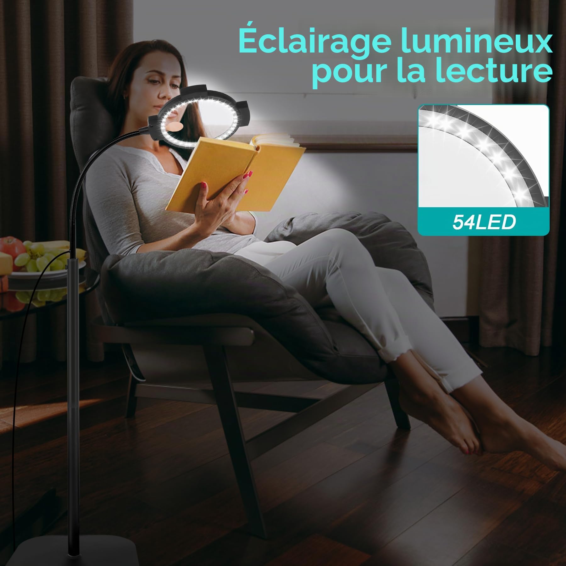 Loupe grossissante 10X 30X avec lumière et sur pied, lampadaire à 54 LED à intensité variable, 3 niveaux, loupe lumineuse 2-en-1 col de cygne pour la lecture, la couture, l'artisanat, le travail de