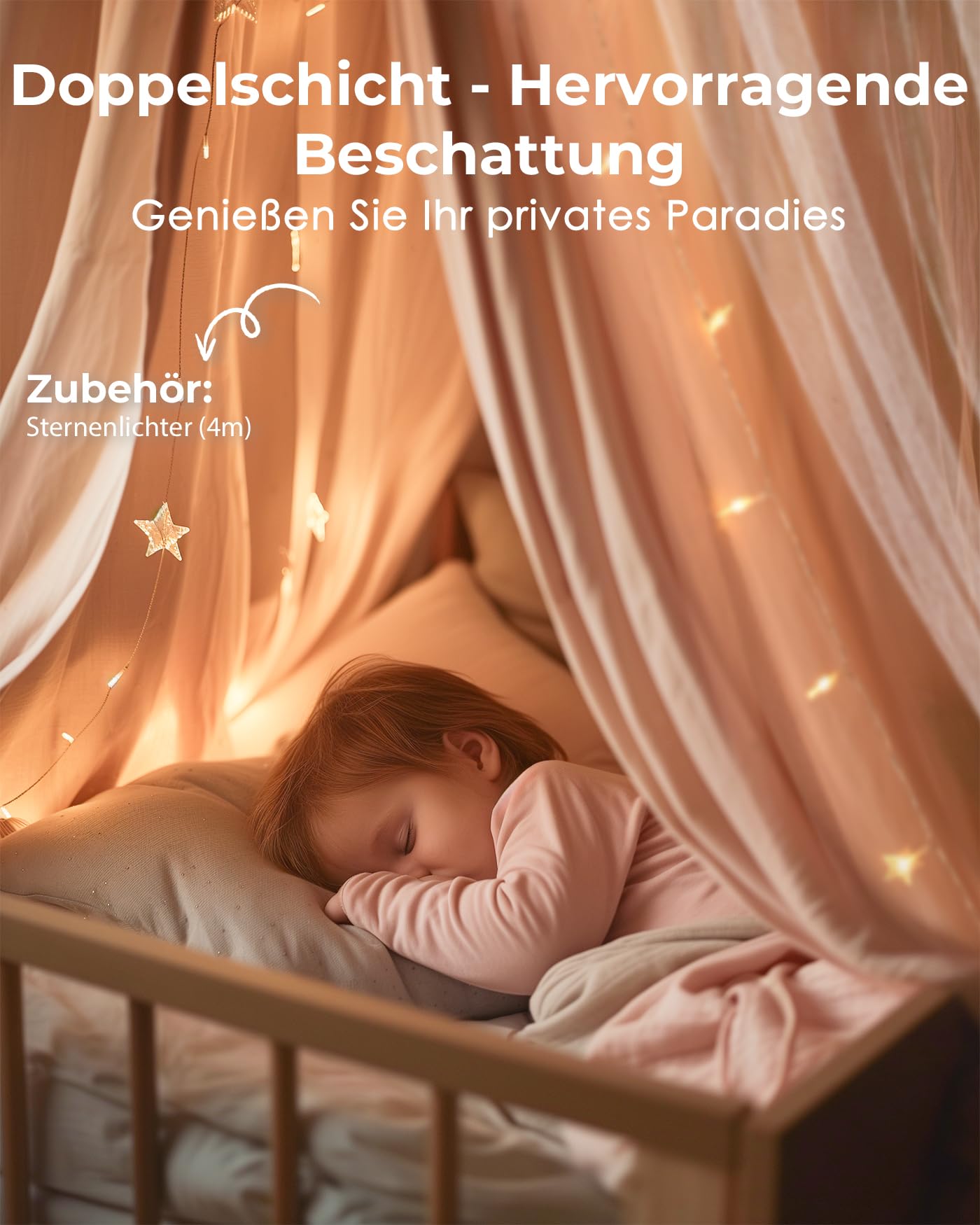 Mallify Moskitonetz Betthimmel mit Sternenlichtern, atmungsaktiv & waschbar Doppelte Lage Baldachin für Mädchen Prinzessin Kinderzimmer, 65 cm x 269 cm, Rosa