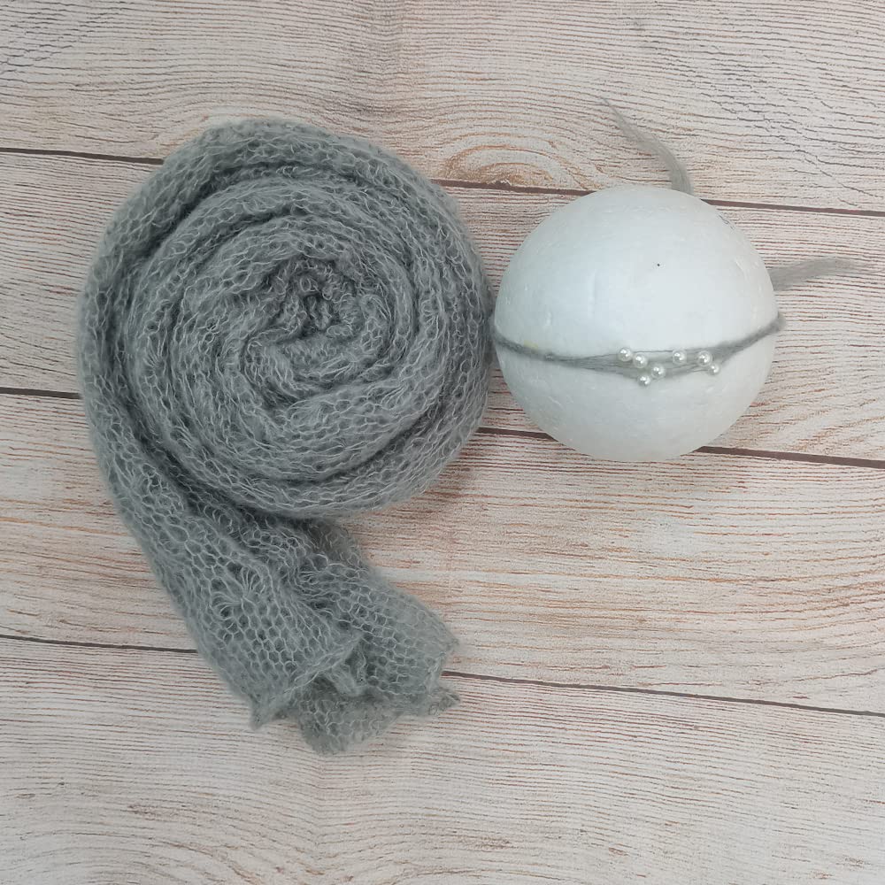 D&J DON&JUDY Stretchy Knit Mohair Wraps with Matched Headwear Set Newborn Photography Prop Photoshoot Accessories (Grey)