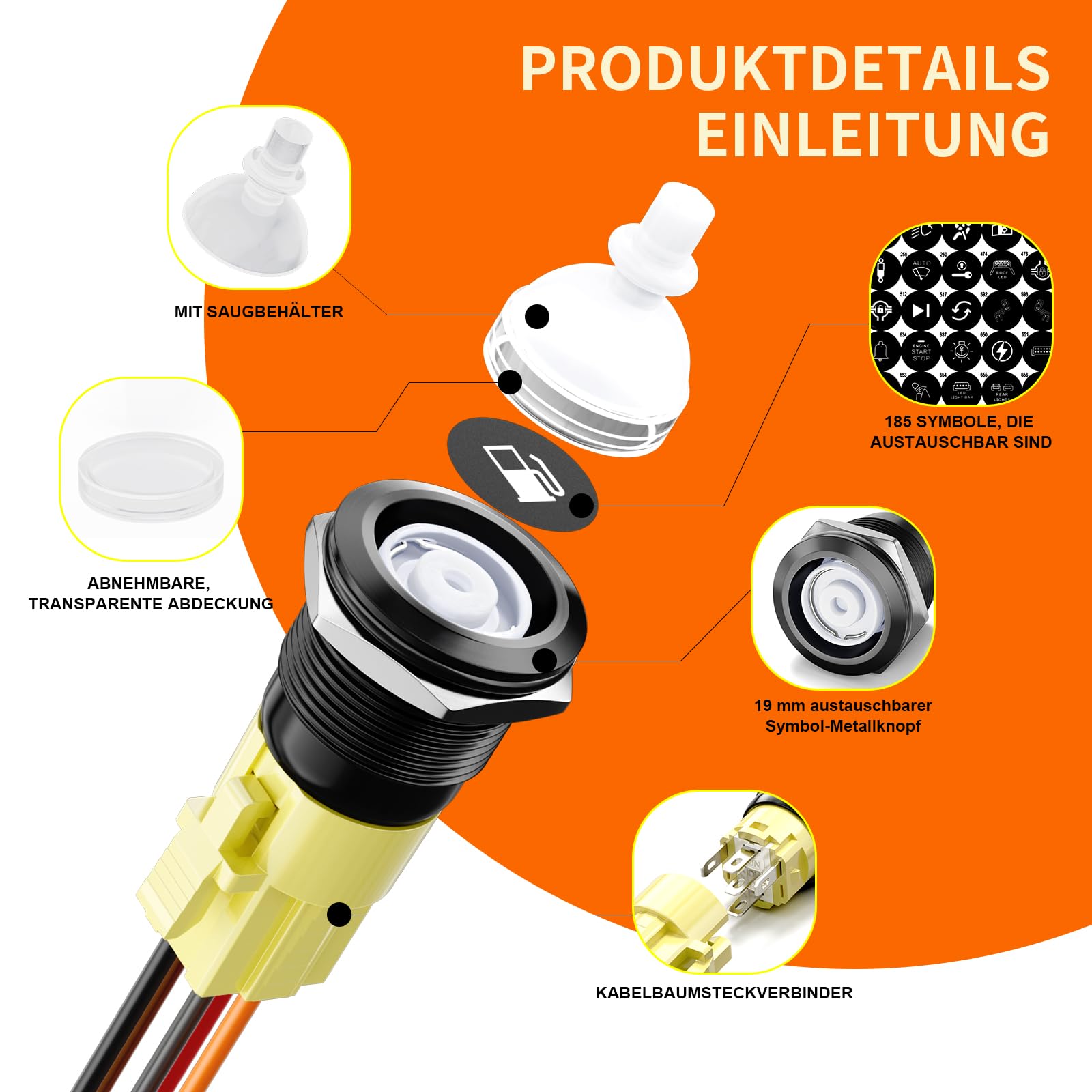 Lot de 2 boutons-poussoirs LED de 19 mm pré-câblés avec faisceau de câbles, 12-24 V CC IP65 étanche, avec 185 symboles interchangeables, pour voiture, panneau de commande industriel, commande de